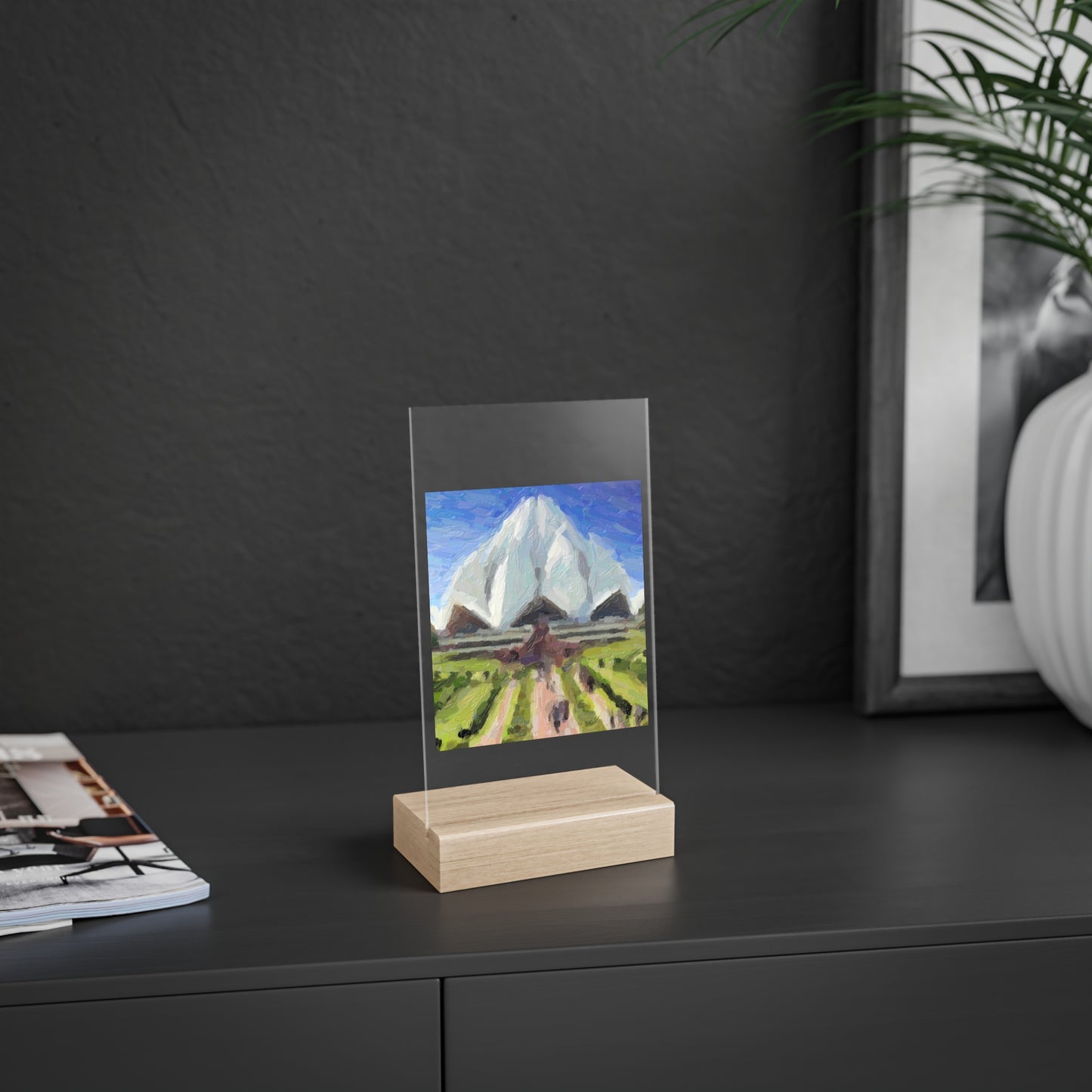 Acrylic Sign with Wooden Stand ... Bahai'i-House-Of-Worship ... "New Delhi's World-Famous Lotus Temple" ... Original Works ... Delhi, India: Circa 2003-2007 ...