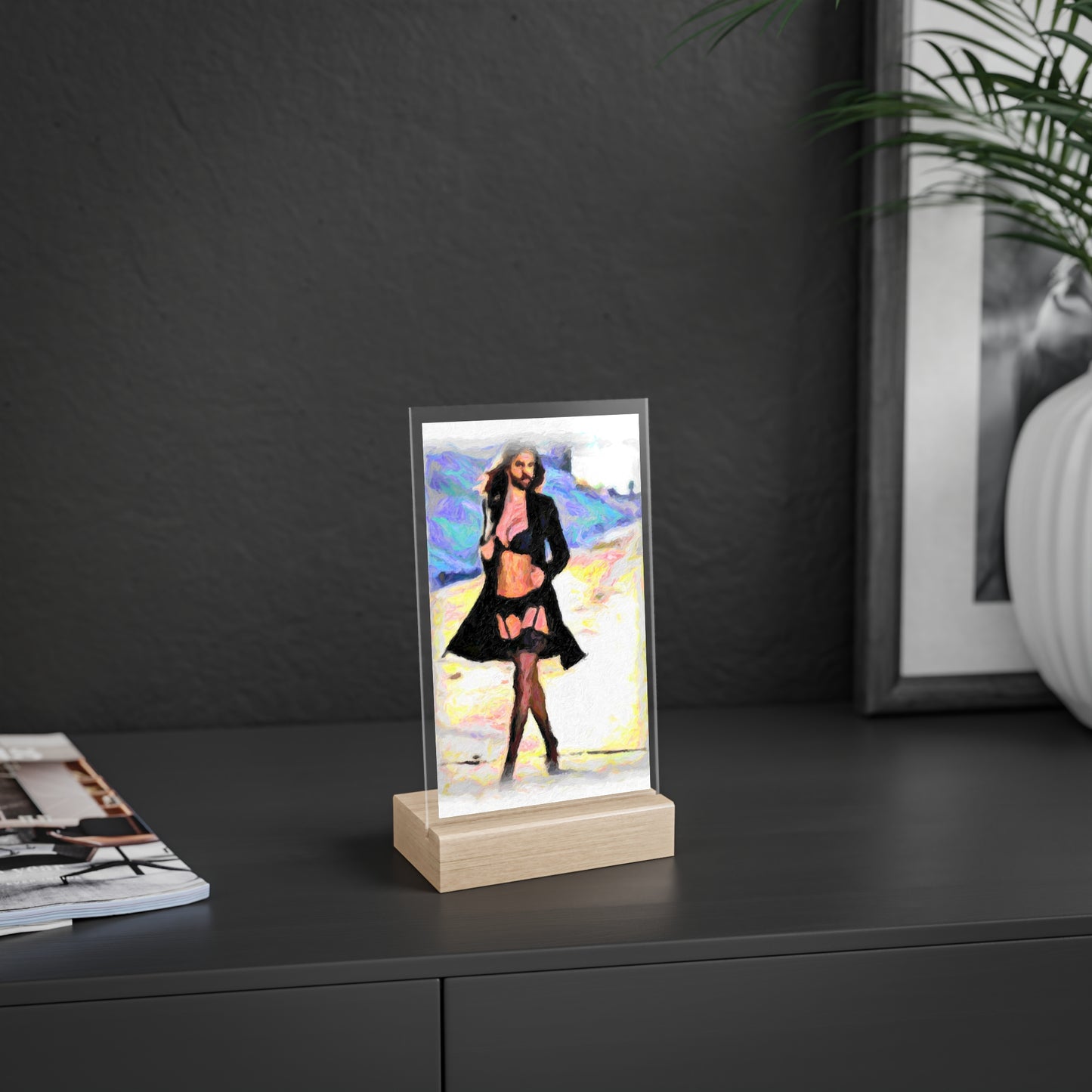 Acrylic Sign with Wooden Stand ... The Low Spark of High_HEELED_Boys ... 'Garterbelt & Bra Inclusive!' ... Original Works ...