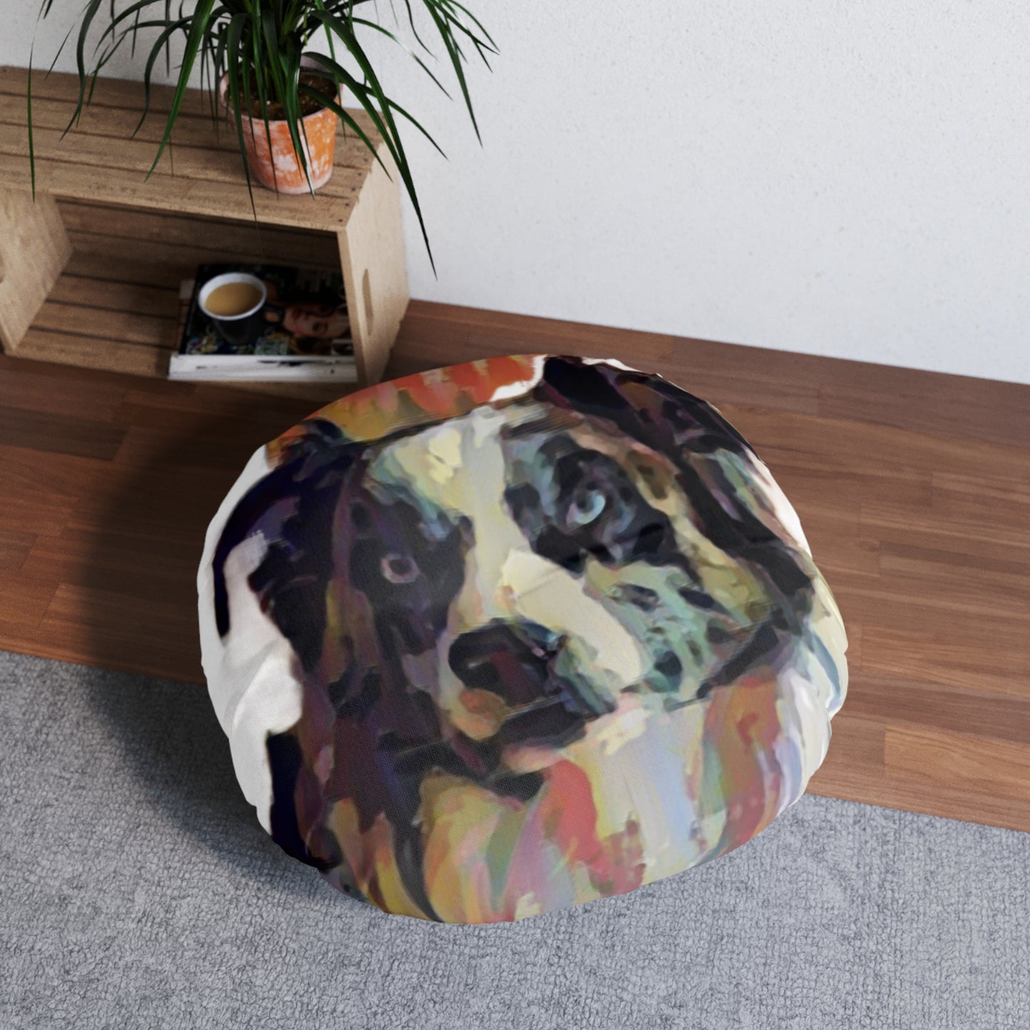 Tufted Floor Pillow, Round ... Ozzy-Hippensteel ... "Don't Cry Now ... Dry-Your-Eyes ... On-The-Wind". Original Works. May 2023.