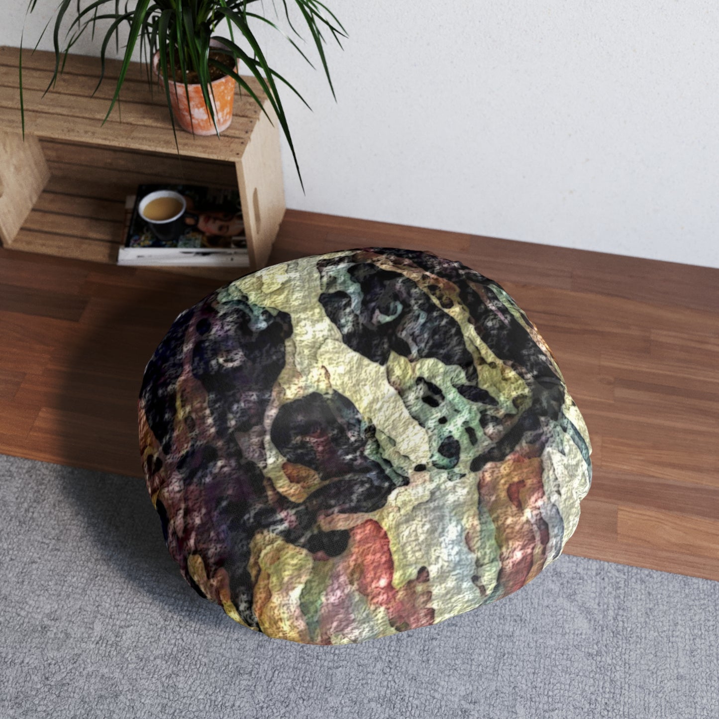 Tufted Floor Pillow, Round ... Ozzy-Hippensteel ... "Don't Cry Now ... Dry-Your-Eyes ... On-The-Wind". Original Works. May 2023.