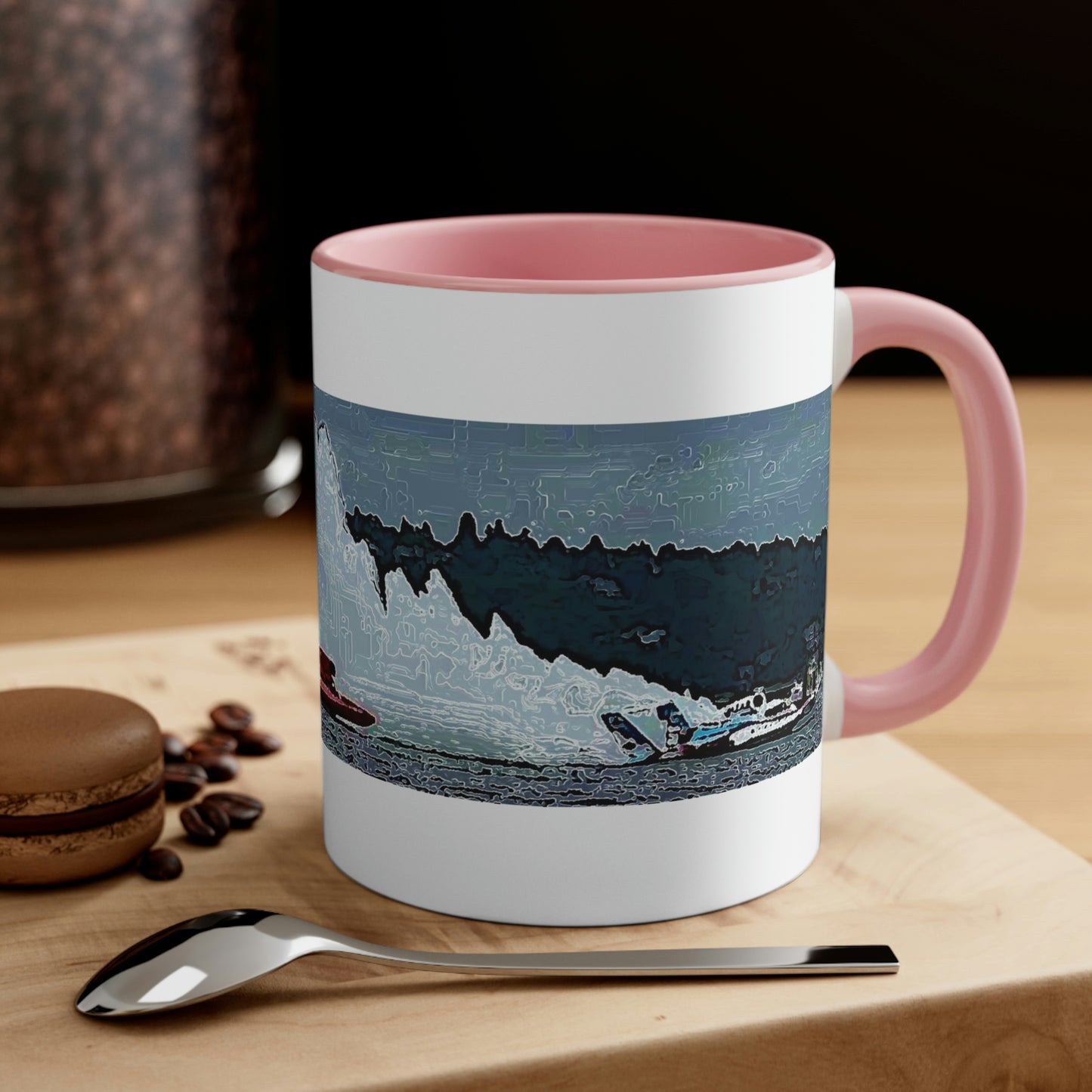 Accent Coffee Mug, 11oz ... Seattle Columbia Cup On Lake Washington ... "Dave Wilcox Heads For The Win" ... Associate Gift-Photo ... Original Works ...