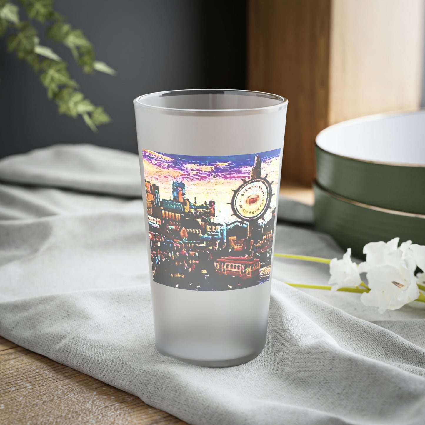 Frosted Pint Glass, 16oz ... "No.9 Fishermen's Grotto - Fishermen's Wharf, SF, California" ... Family Archives: 1970's ... Original Works ...
