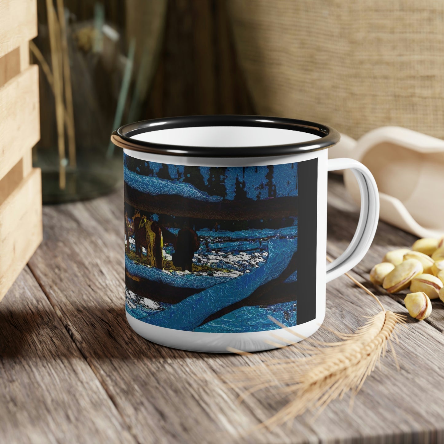 Enamel Camp Cup ... "Horses In Their Winter Corral" Dixie, Idaho