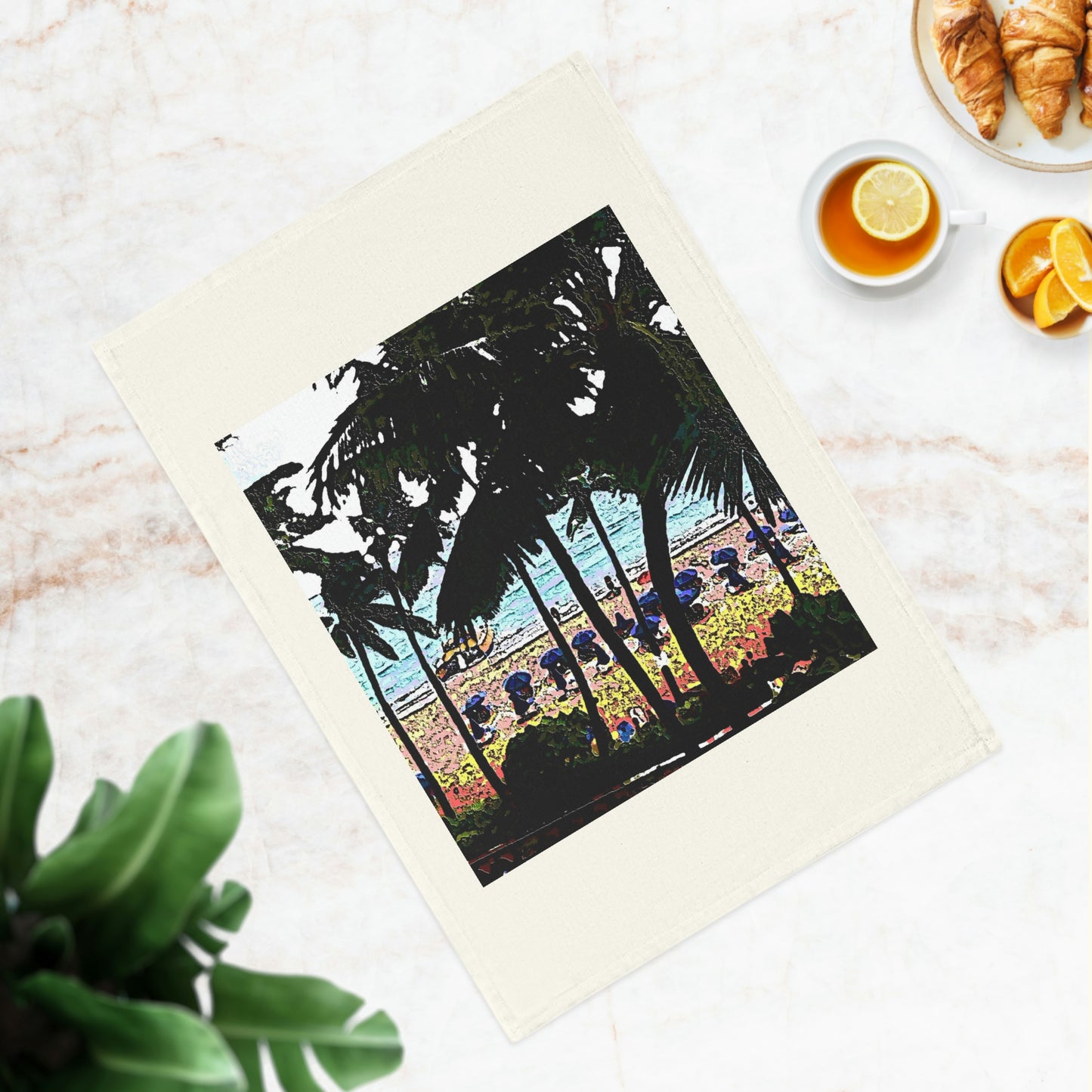 Cotton Tea Towel ... "A Beautiful Beach Amongst The Palms" ... The Outrigger Waikiki, Honolulu, Oahu ... Original Works ...