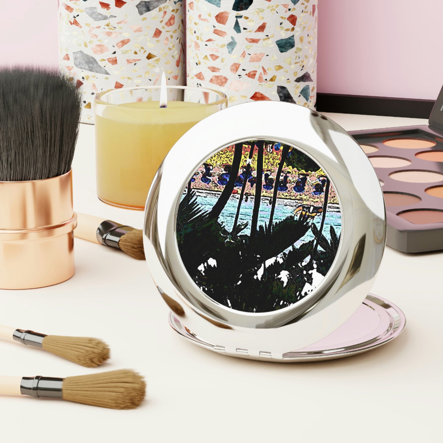 Compact Travel Mirror ... "A Beautiful Beach Amongst The Palms" ... The Outrigger Waikiki, Honolulu, Oahu ... Original Works ...