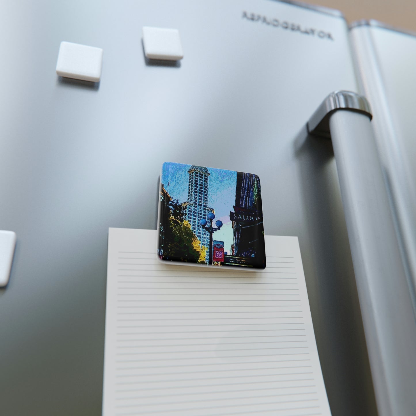Porcelain Magnet, Square ... Pioneer Square & Smith Tower ... 'That World Famous View' ... Colleague Supplied Photo ... Original Works ...