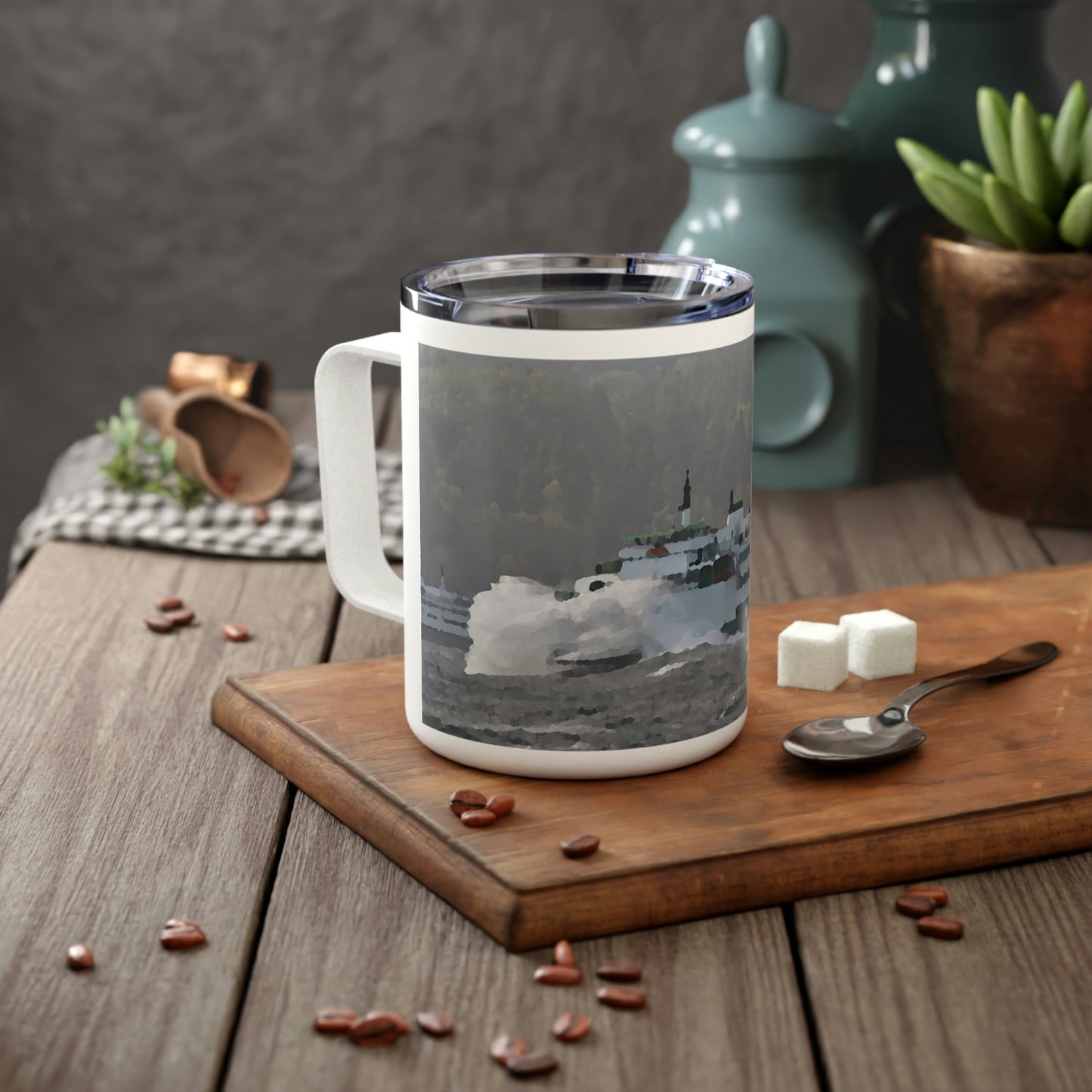Insulated Coffee Mug, 10oz ... WADOT Ferry Crossing ... "A Very Rough Day" ... Mulkiteo Route ... Family Archives ... Early 1990's' ... Original Works ...