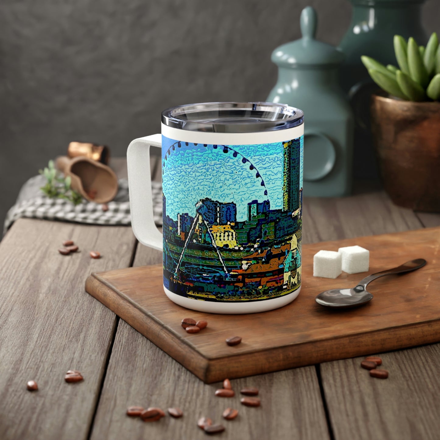 Insulated Coffee Mug, 10oz ... That Classic Wheel ... 'Seattle's Wheel' ... & An Old Classic Waterside Vendors ... 'Family Archives' ... Original Works ...