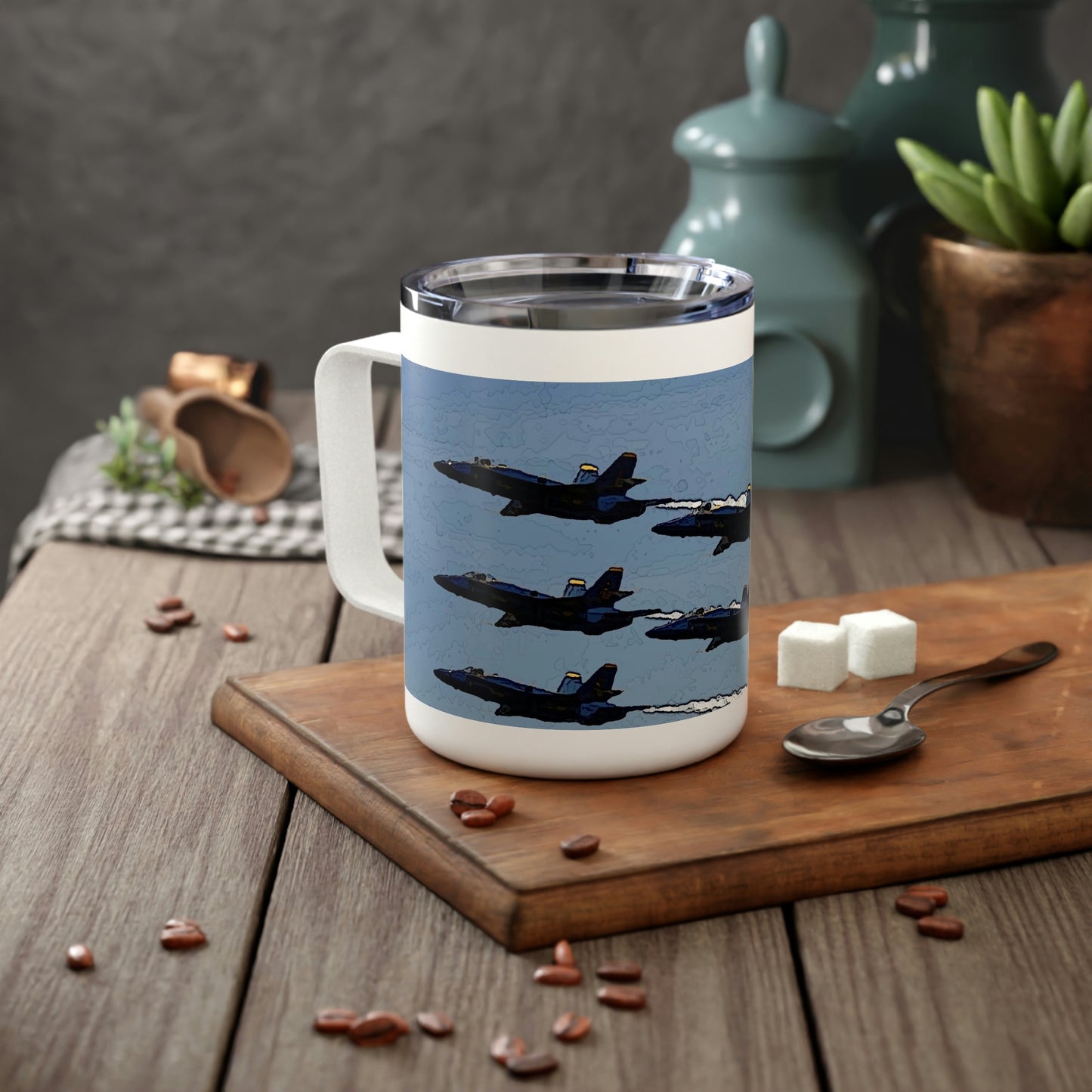 Insulated Coffee Mug, 10oz ... Seattle Seafair ..."Blue Angels Run Over Lake Washington" ... Circa Mid 1980's ... Dr FJ Holt ... Original Works ...