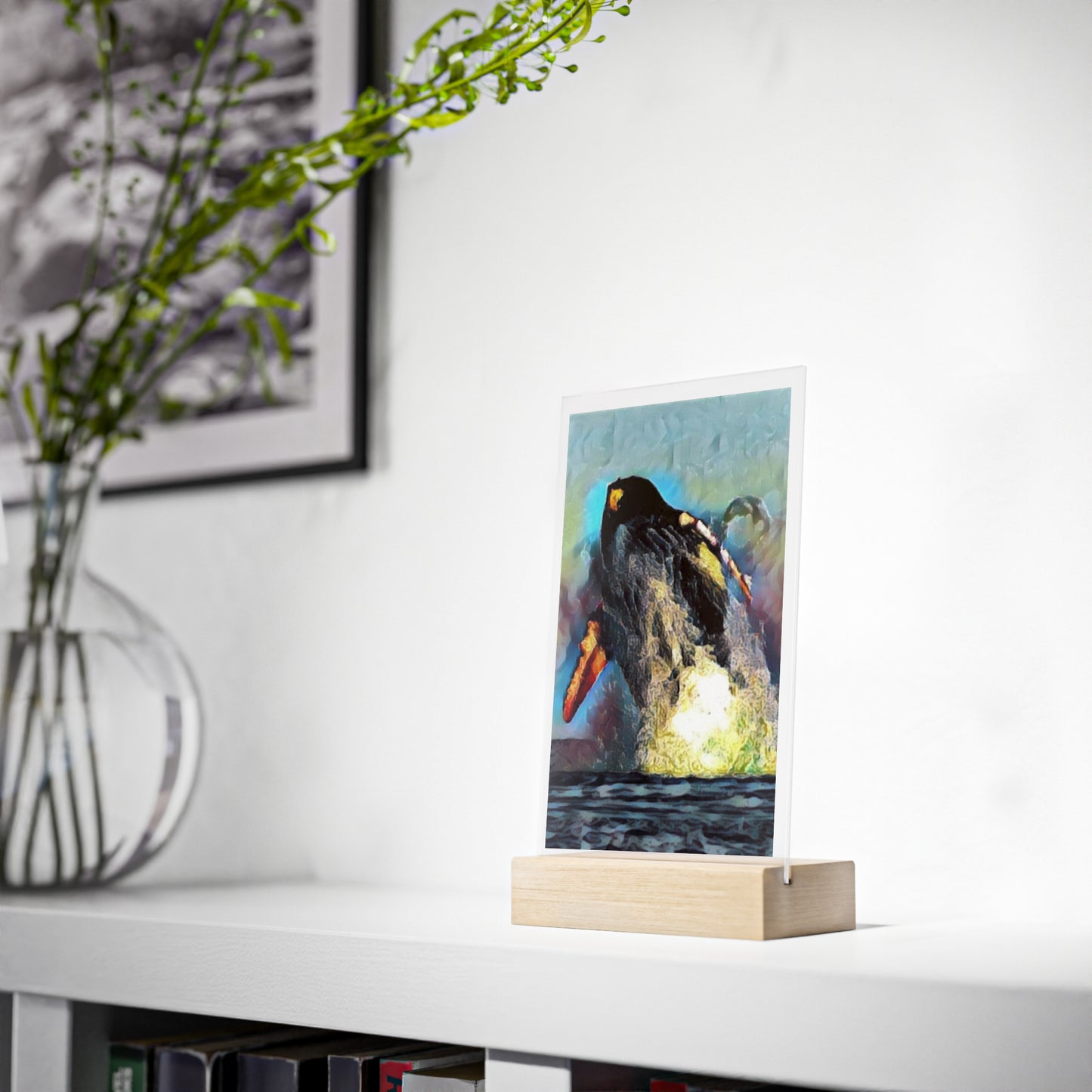 Acrylic Sign with Wooden Stand ... An Extraordinary Humpback Breach ... 'With Explosive Energy' ... Family Archives (KPH) ... Circa: 21st Century. Maui, HI ... Original Works ...