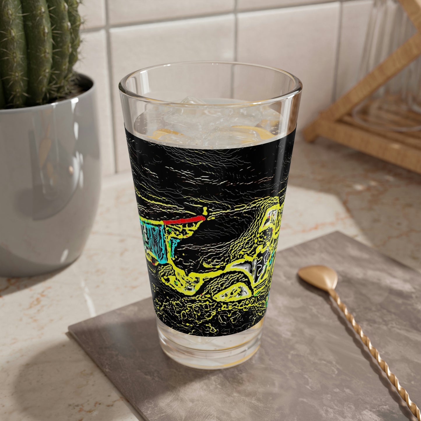 Mixing Glass, 16oz ... "Snow Vehicle In Snow Storm At-Rest" ... Circa 12Mar23 ... Central Idaho ... 18-Hours Rendering Time: Original Works ...