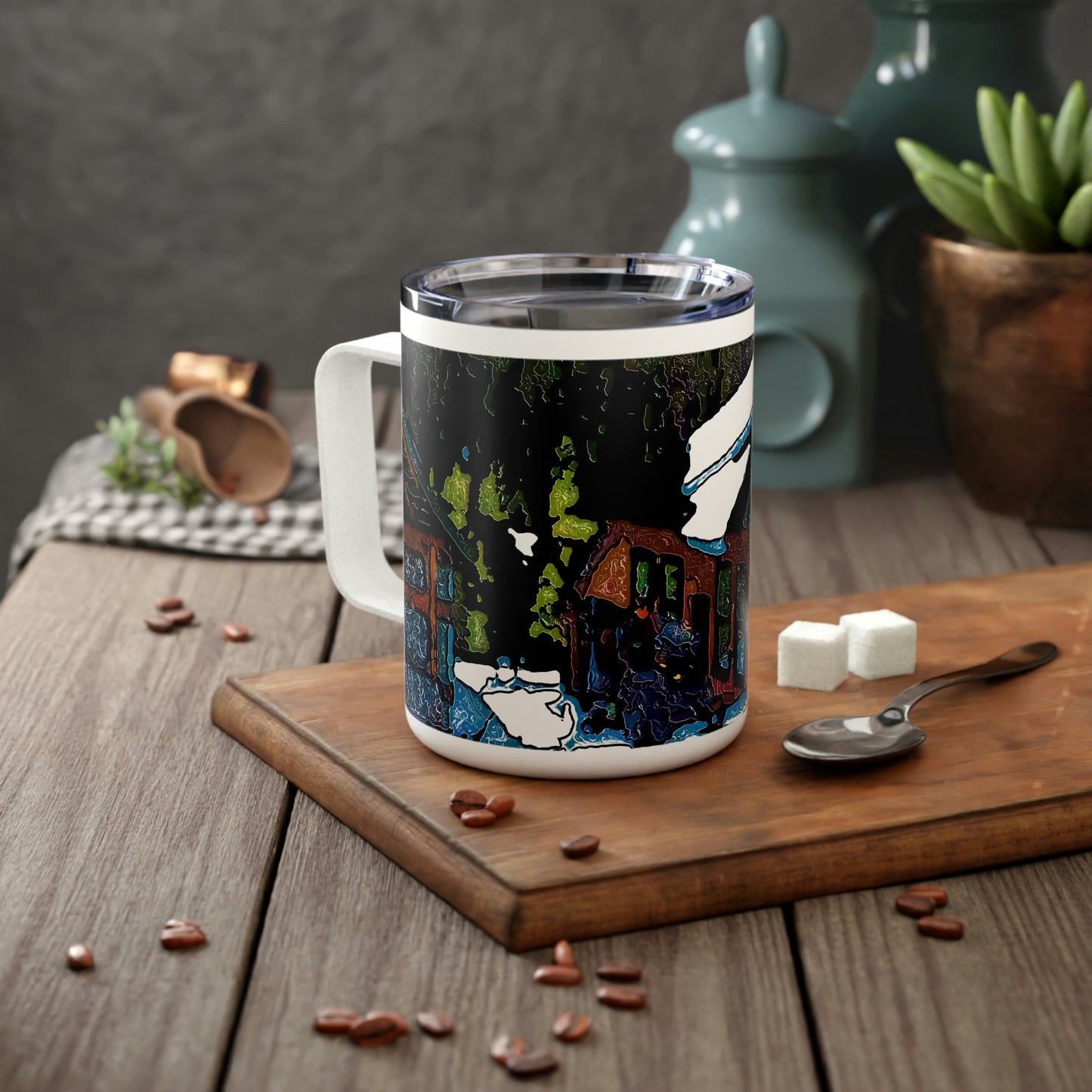 Insulated Coffee Mug, 10oz ... "A Rider Passeth-Through-It" ... Colors Galore & A Bit Of Impressionism ... Original Works. Winter 2021. Central Idaho. Rendering Time: 12 Hours ...