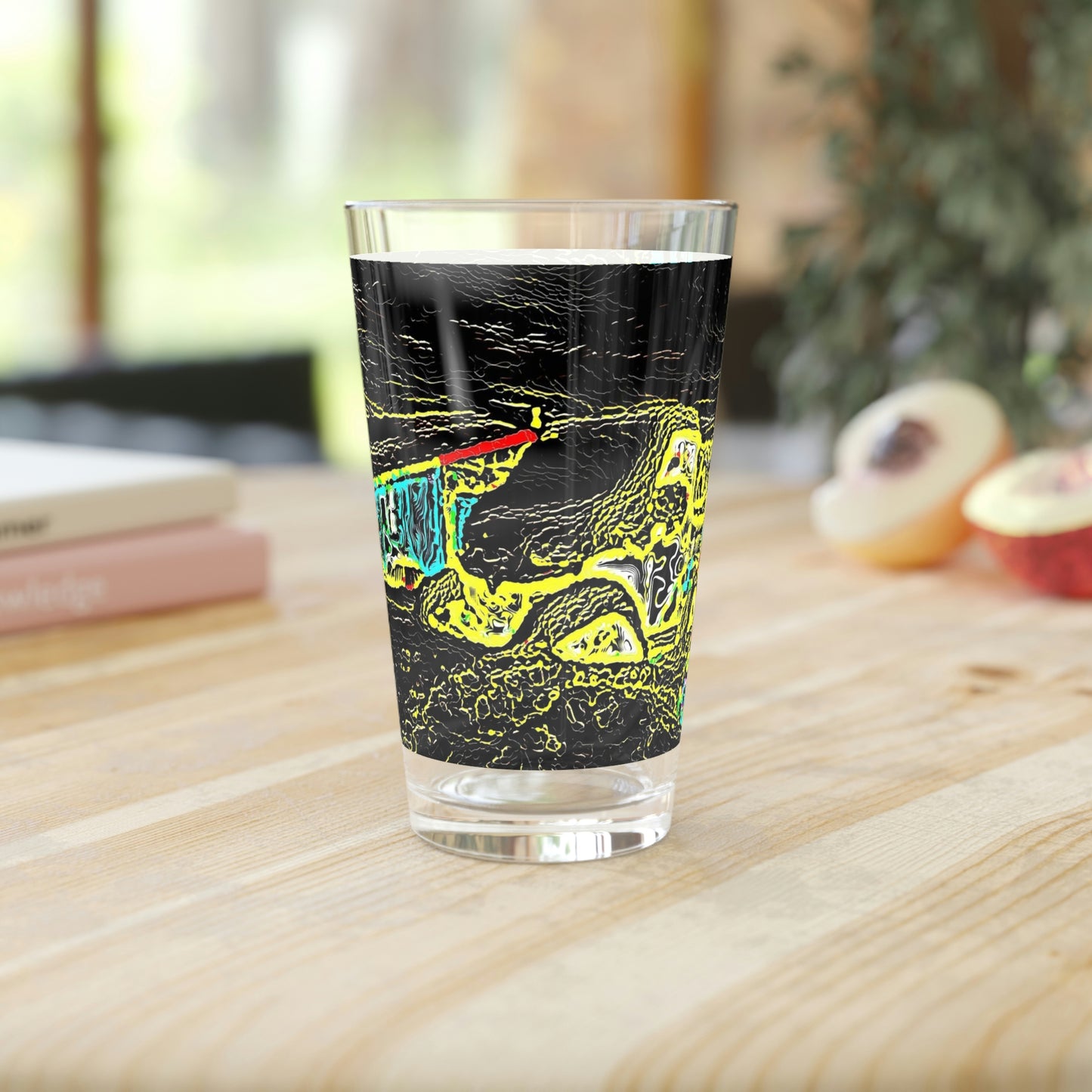 Pint Glass, 16oz ... "Snow Vehicle In Snow Storm At-Rest" ... Circa 12Mar23 ... Central Idaho ... 18-Hours Rendering Time: Original Works ...