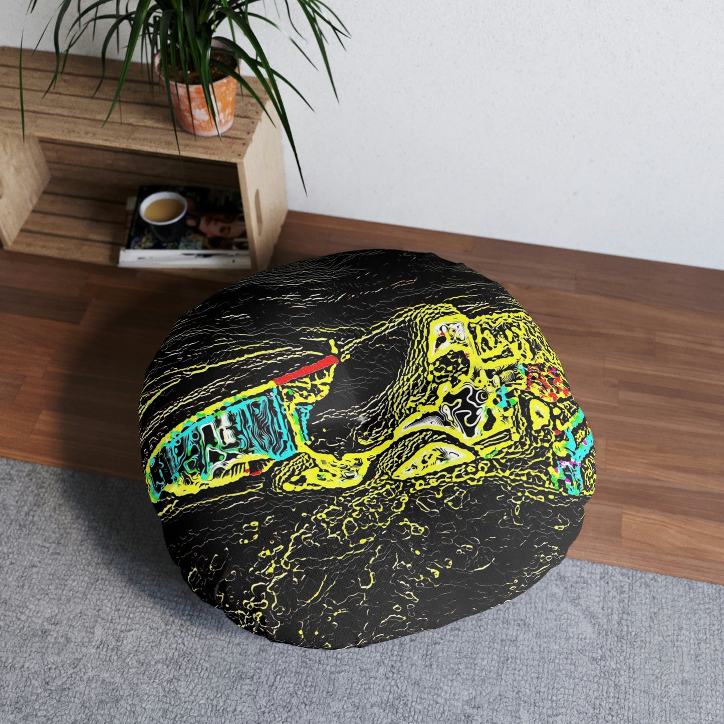 Tufted Floor Pillow, Round ... "Snow Vehicle In Snow Storm At-Rest" ... Circa 12Mar23 ... Central Idaho ... 18-Hours Rendering Time: Original Works ...