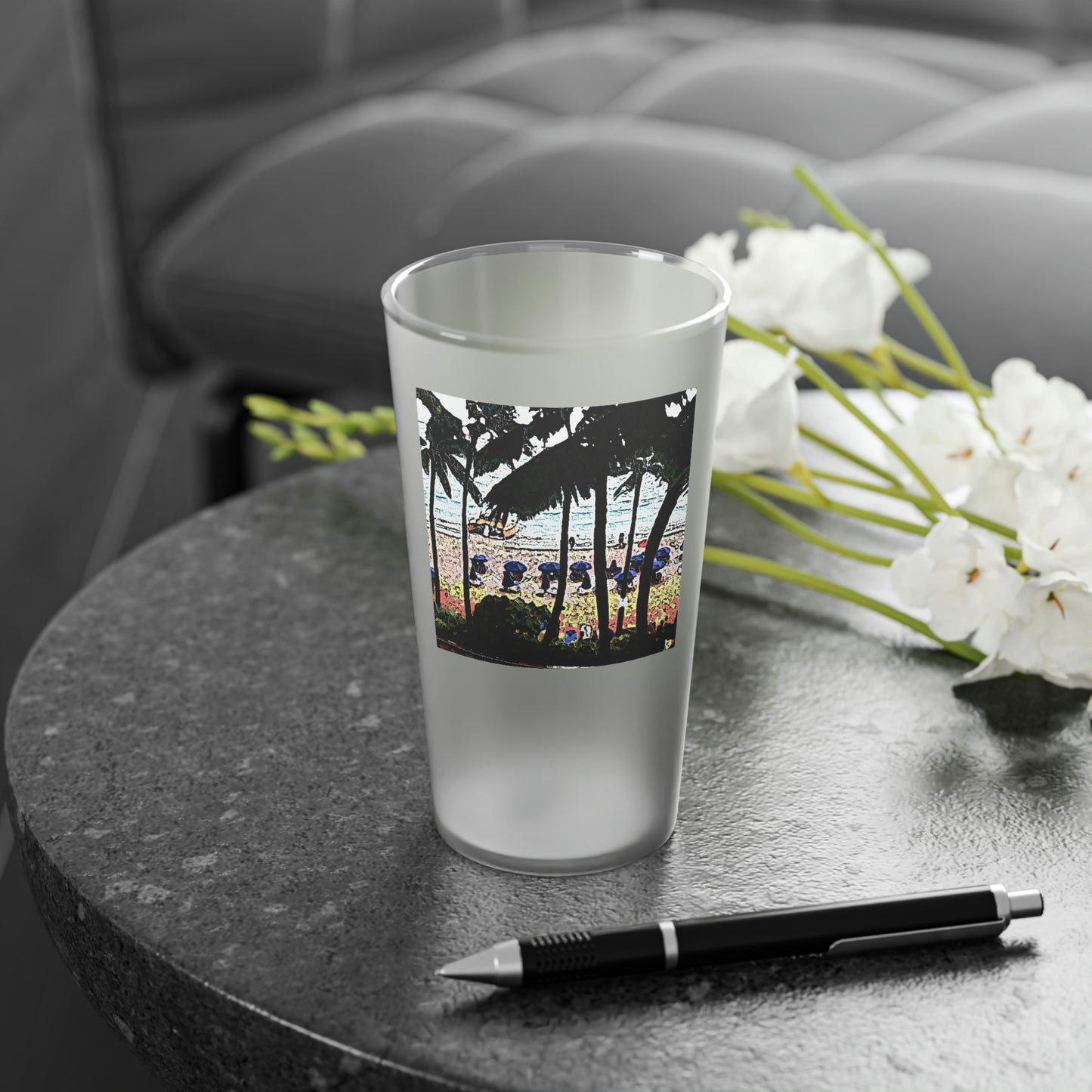 Frosted Pint Glass, 16oz ... "A Beautiful Beach Amongst The Palms" ... The Outrigger Waikiki, Honolulu, Oahu ... Original Works ...