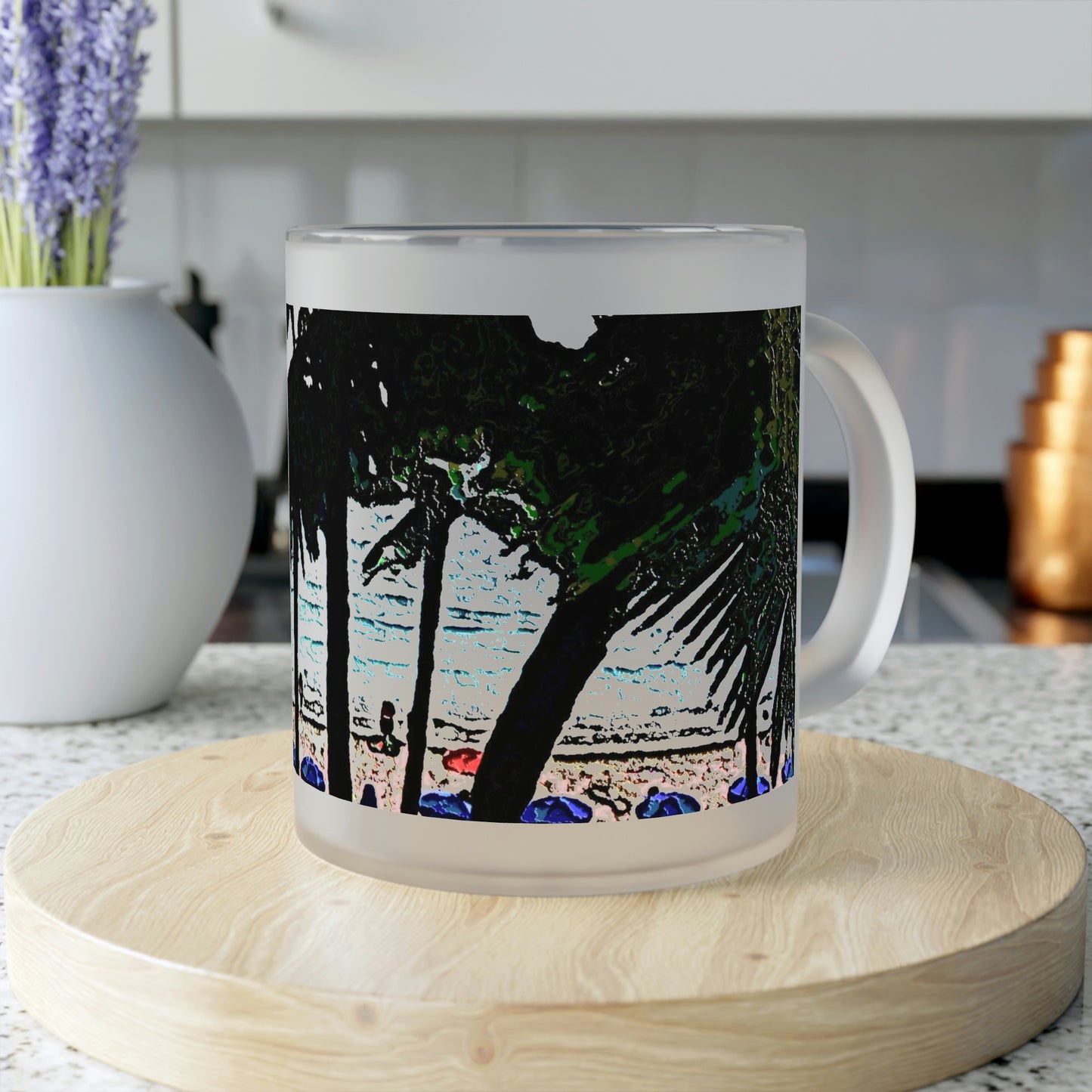 Frosted Glass Mug ... "A Beautiful Beach Amongst The Palms" ... The Outrigger Waikiki, Honolulu, Oahu ... Original Works ...