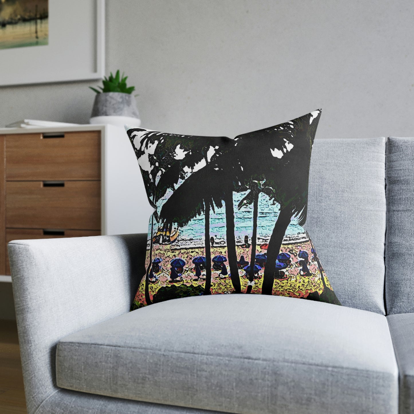 Square Pillow - Pink Back ... "A Beautiful Beach Amongst The Palms" ... The Outrigger Waikiki, Honolulu, Oahu ... Original Works ...