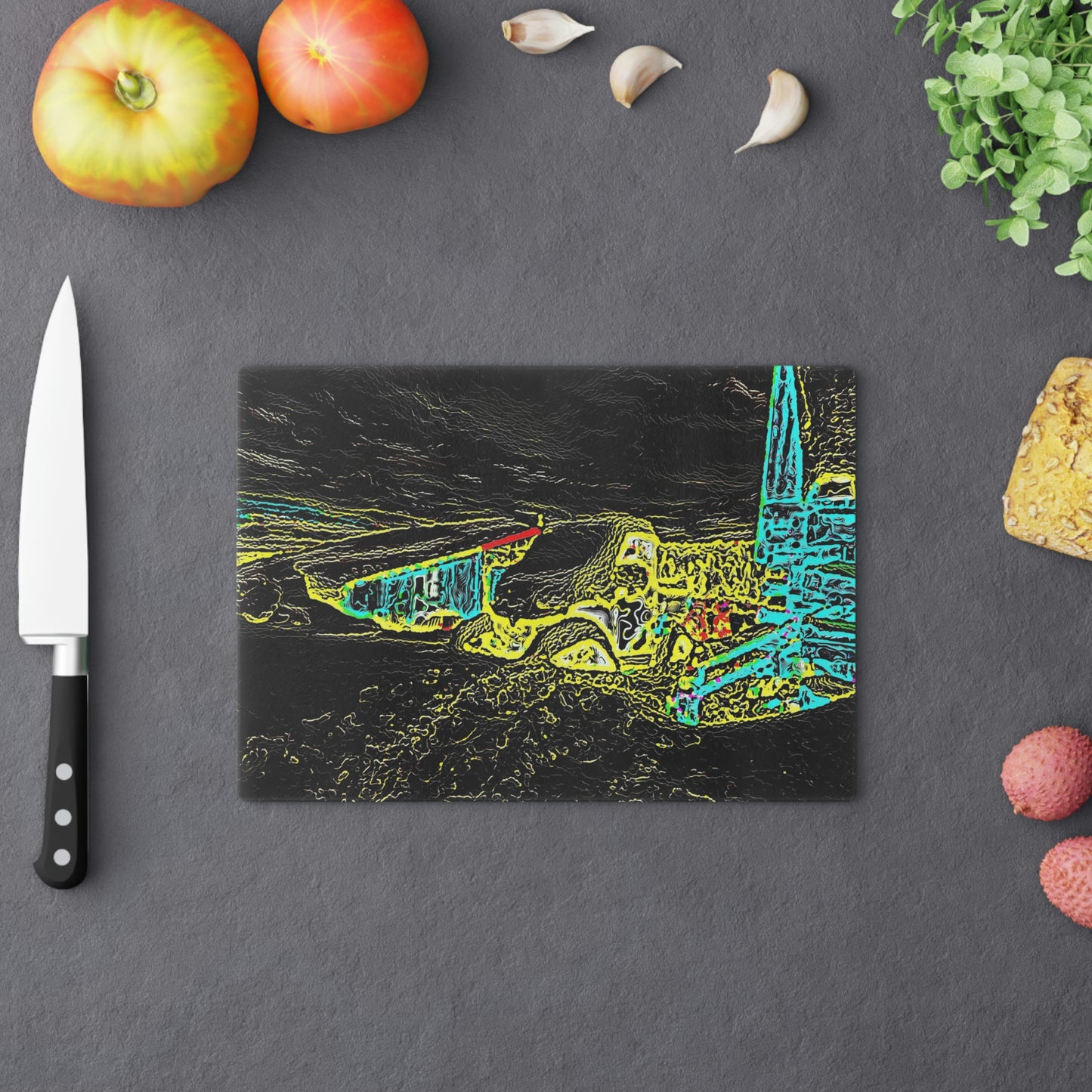 Cutting Board ... "Snow Vehicle In Snow Storm At-Rest" ... Circa 12Mar23 ... Central Idaho ... 18-Hours Rendering Time: Original Works ...