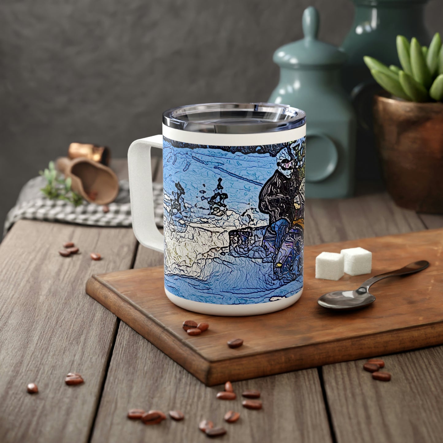 Insulated Coffee Mug, 10oz ... Blasting Through-The-Powder ... 'Central Idaho Mounains ... ' 2Dec22 ...