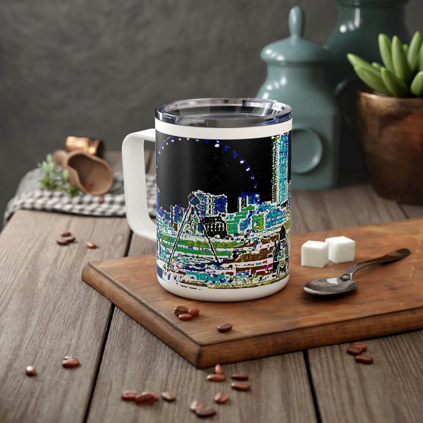 Insulated Coffee Mug, 10oz ... That Classic Wheel ... 'Seattle's Wheel' ... & Old Classic Waterside Vendors ... 'Family Archives' ... Original Works ...