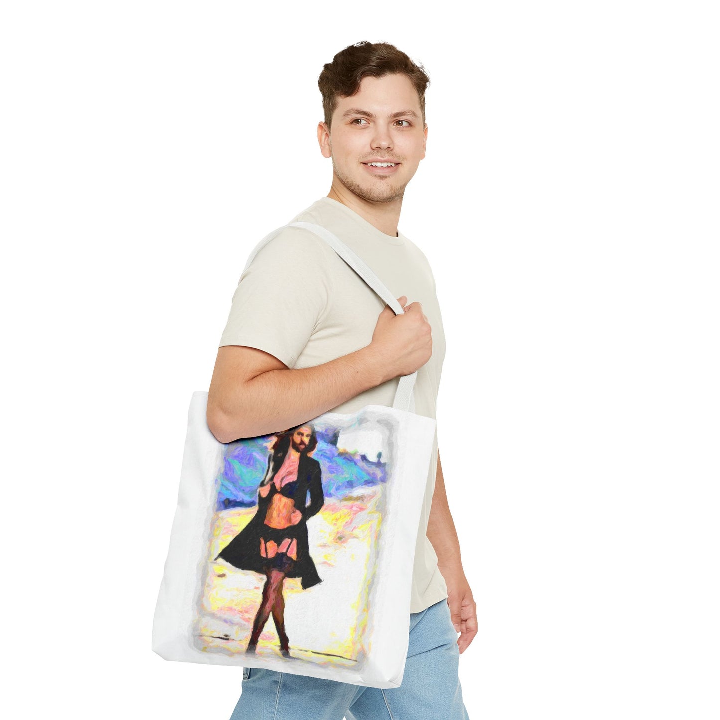 Tote Bag (AOP) ... The Low Spark of High_HEELED_Boys ... 'Garterbelt & Bra Inclusive!' ... Original Works ...