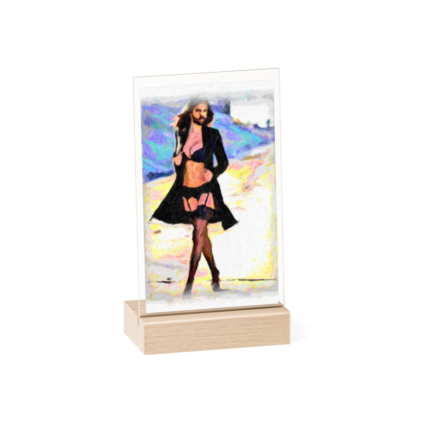 Acrylic Sign with Wooden Stand ... The Low Spark of High_HEELED_Boys ... 'Garterbelt & Bra Inclusive!' ... Original Works ...