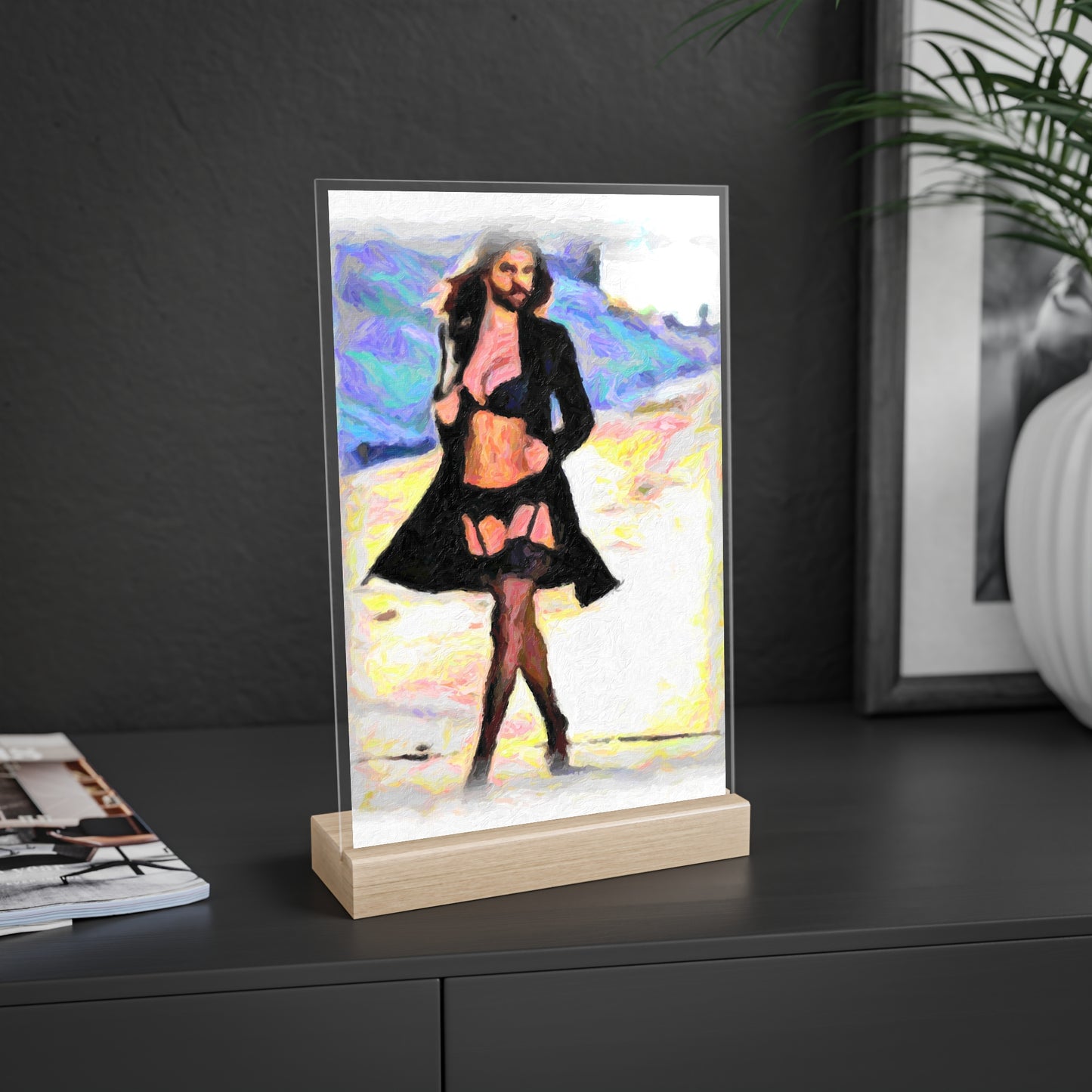 Acrylic Sign with Wooden Stand ... The Low Spark of High_HEELED_Boys ... 'Garterbelt & Bra Inclusive!' ... Original Works ...
