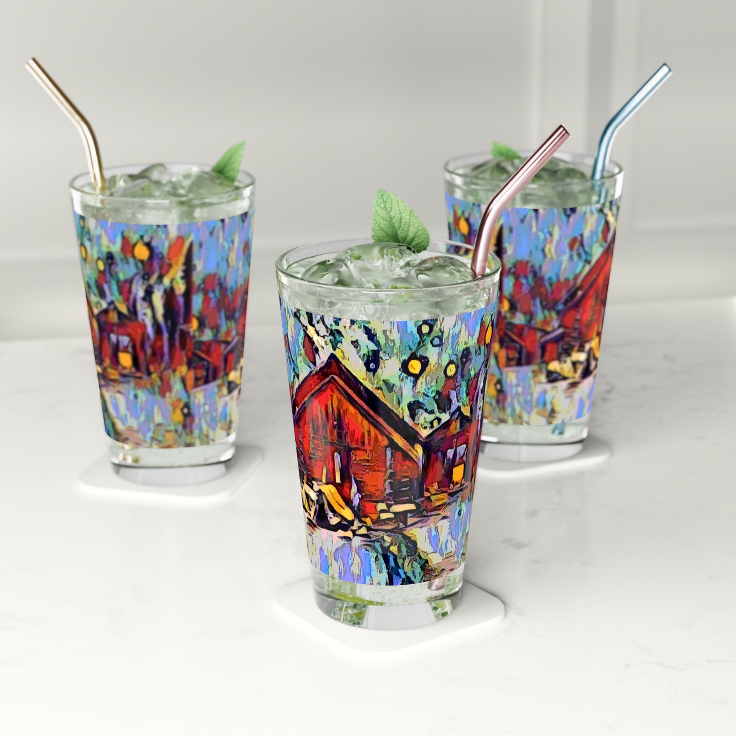 Pint Glass, 16oz ... A Very Abstract "Mountain Winter Scene" ... Original Works. Copyright Phot's Photo_LODA: Les Objets D'Art. December 2023 ...