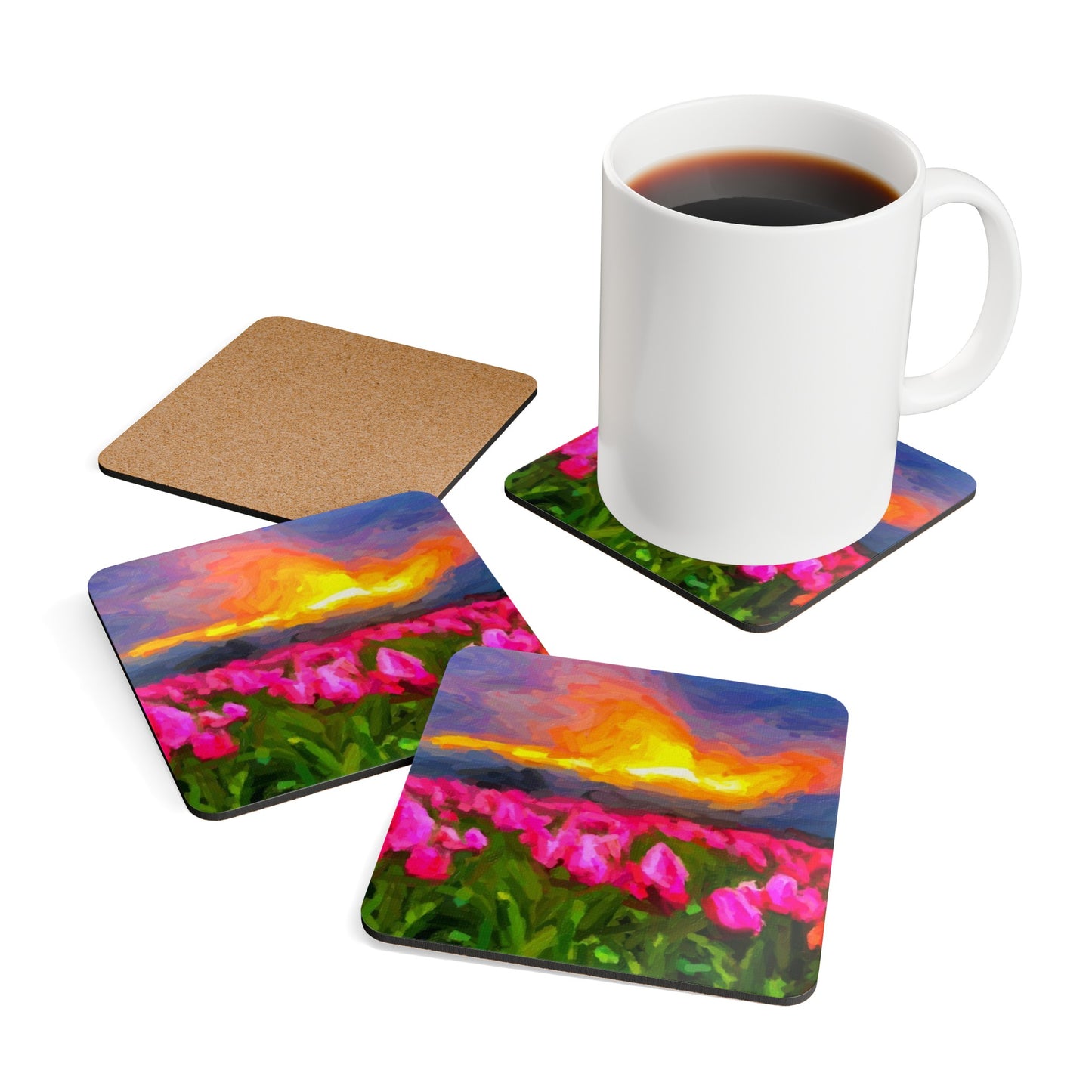 Corkwood Coaster Set ... Skagit Valley Tulips ... Skagit Valley, Washington ... Family Archives ... Original Works ... Circa 1980's ...