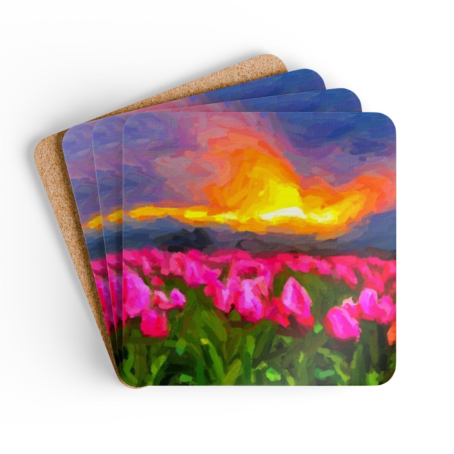 Corkwood Coaster Set ... Skagit Valley Tulips ... Skagit Valley, Washington ... Family Archives ... Original Works ... Circa 1980's ...
