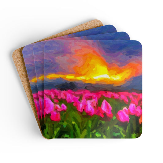 Corkwood Coaster Set ... Skagit Valley Tulips ... Skagit Valley, Washington ... Family Archives ... Original Works ... Circa 1980's ...