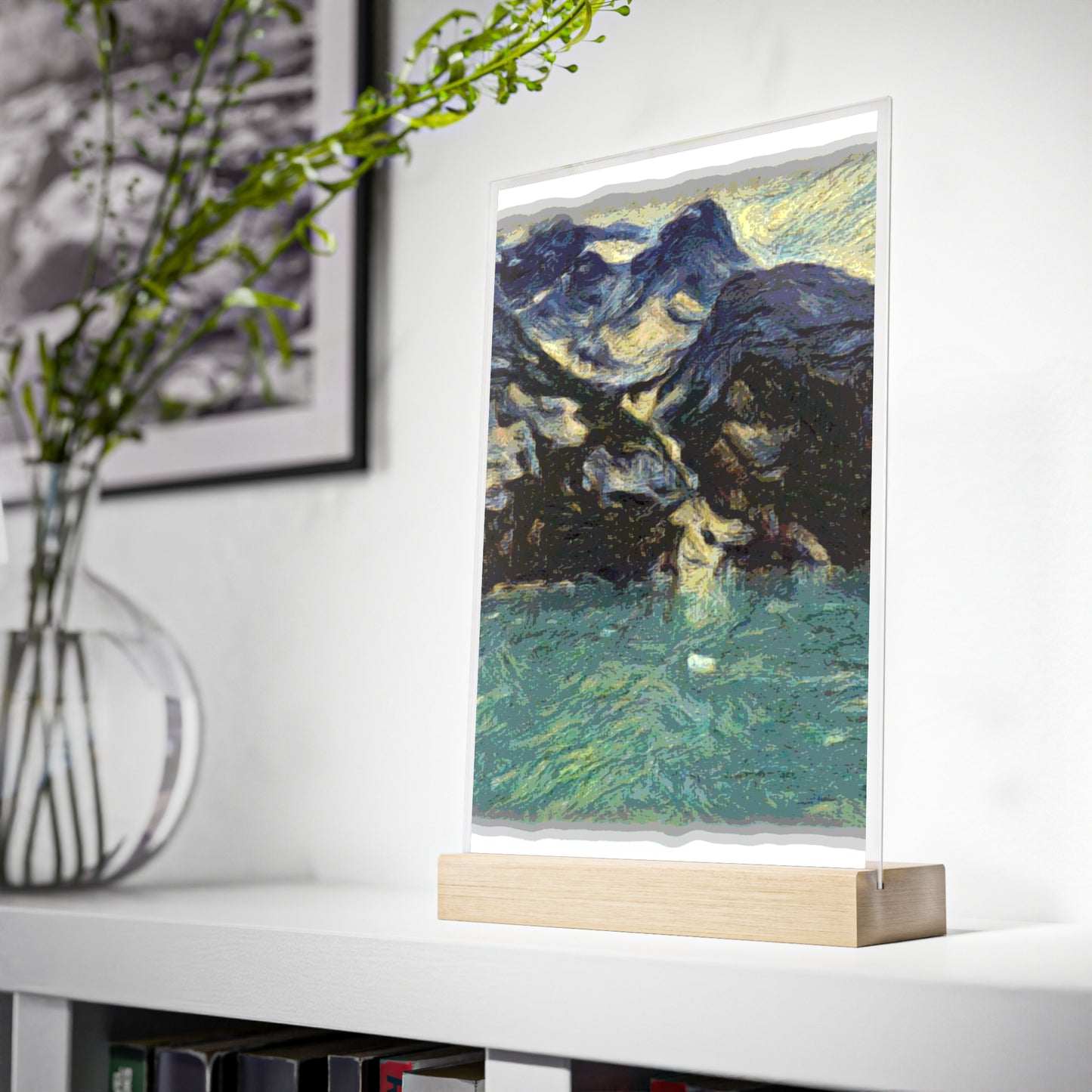Acrylic Sign with Wooden Stand ... Tracy Arm Fjord ... South Of Skagway, Alaska ... Summer: June 2024 ... Original Works ...