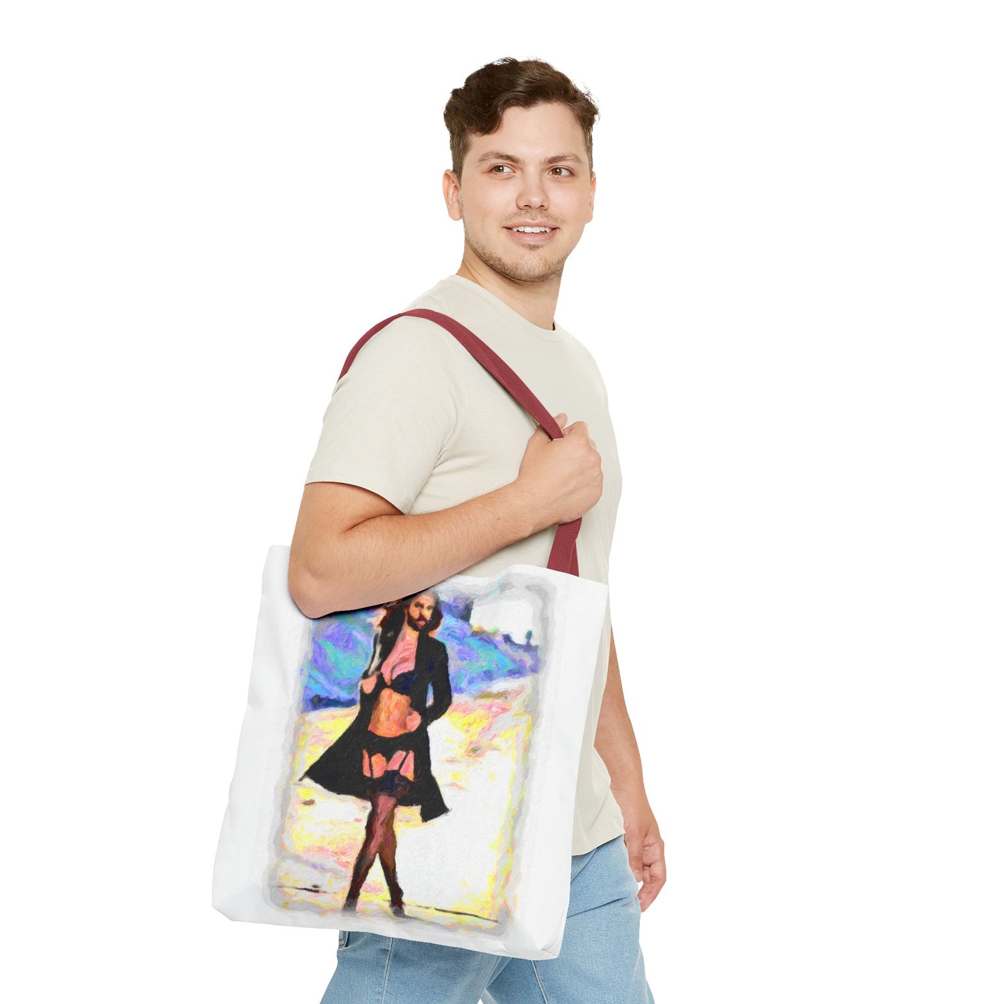 Tote Bag (AOP) ... The Low Spark of High_HEELED_Boys ... 'Garterbelt & Bra Inclusive!' ... Original Works ...
