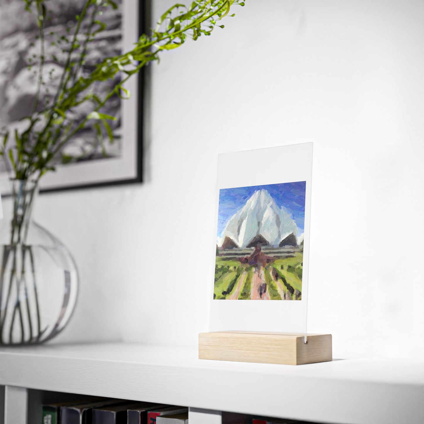Acrylic Sign with Wooden Stand ... Bahai'i-House-Of-Worship ... "New Delhi's World-Famous Lotus Temple" ... Original Works ... Delhi, India: Circa 2003-2007 ...