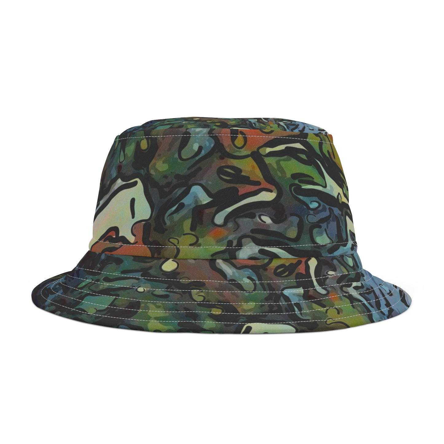 Bucket Hat (AOP) ... A Very Colorful Winter Abstract ... "Mountain Cabin & Vehicle On-A-Snowy-January 2024 Evening" ... Original Works ...