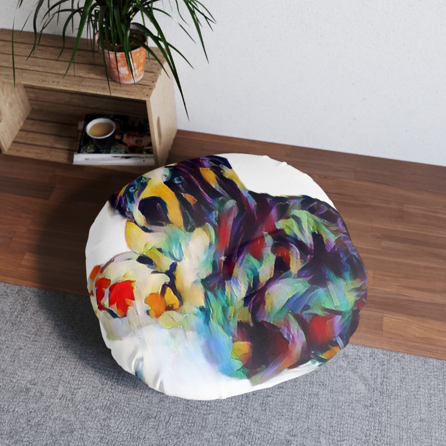 Tufted Floor Pillow, Round ... Ozzy-Hippensteel ... "Don't Cry Now ... Dry-Your-Eyes ... On-The-Wind". Original Works. May 2023.