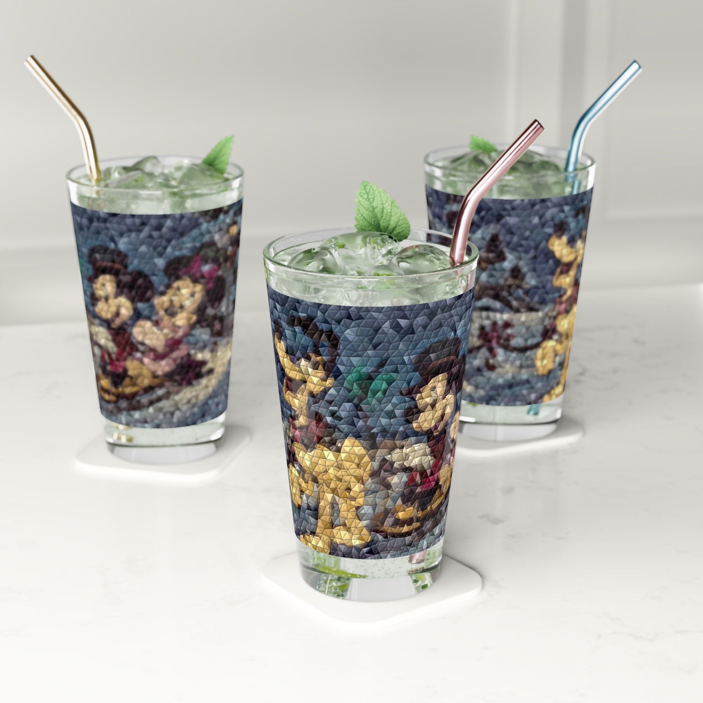 Pint Glass, 16oz ... Mickey_N_Minnie Mouse & Pluto ... "A Winter Sleigh Ride" ... Original Works. Winter 2023 ...