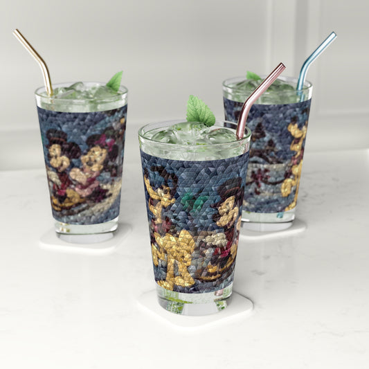 Pint Glass, 16oz ... Mickey_N_Minnie Mouse & Pluto ... "A Winter Sleigh Ride" ... Original Works. Winter 2023 ...