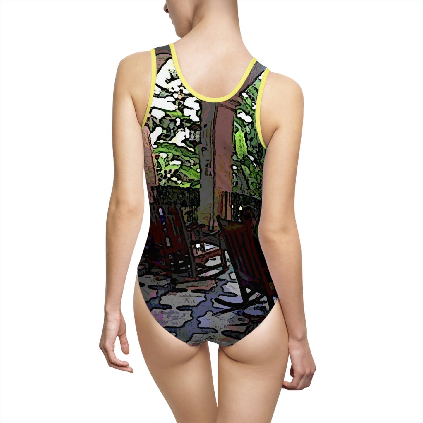 Women's Classic One-Piece Swimsuit ... Lanai & Rocking Chairs At: 'The Pink Palace' ... The Royal Hawai'ian ... Honolulu, HI ... '27Oct2014' ... Original Works ...