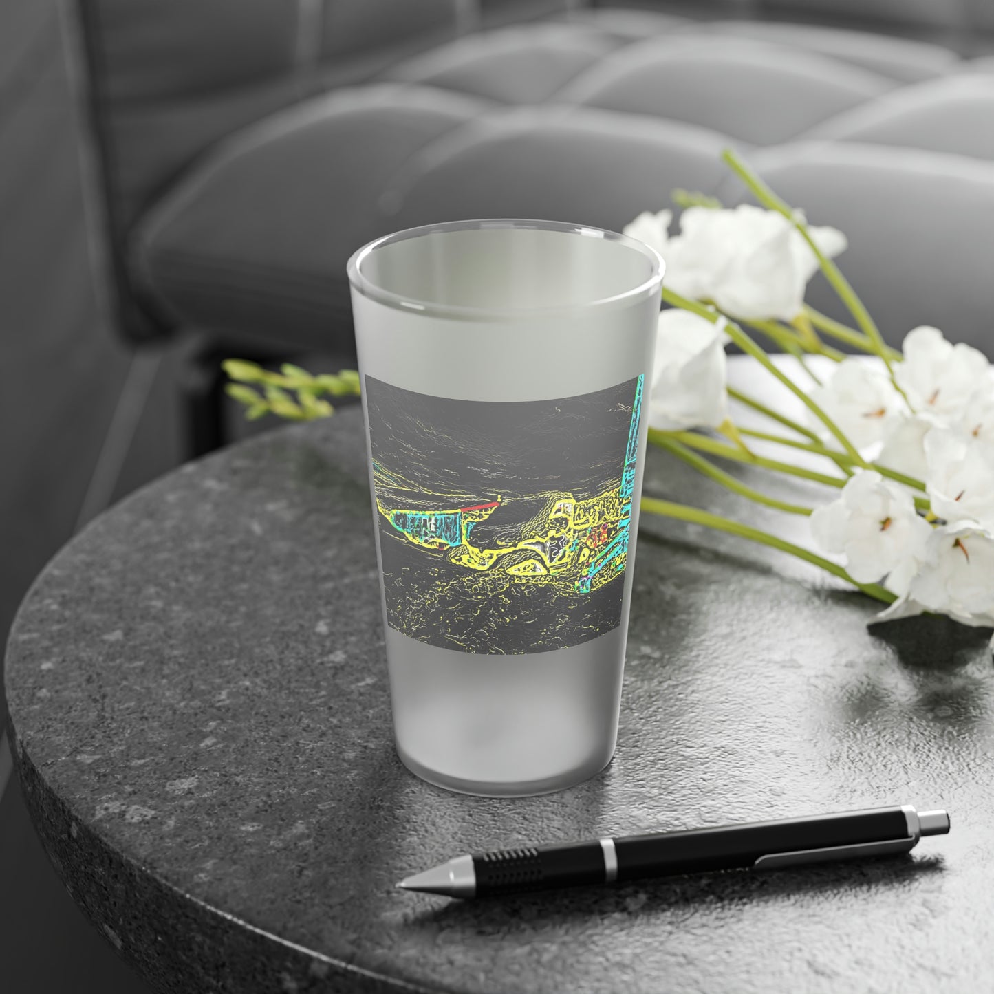 Frosted Pint Glass, 16oz ... "Snow Vehicle In Snow Storm At-Rest" ... Circa 12Mar23 ... Central Idaho ... 18-Hours Rendering Time: Original Works ...