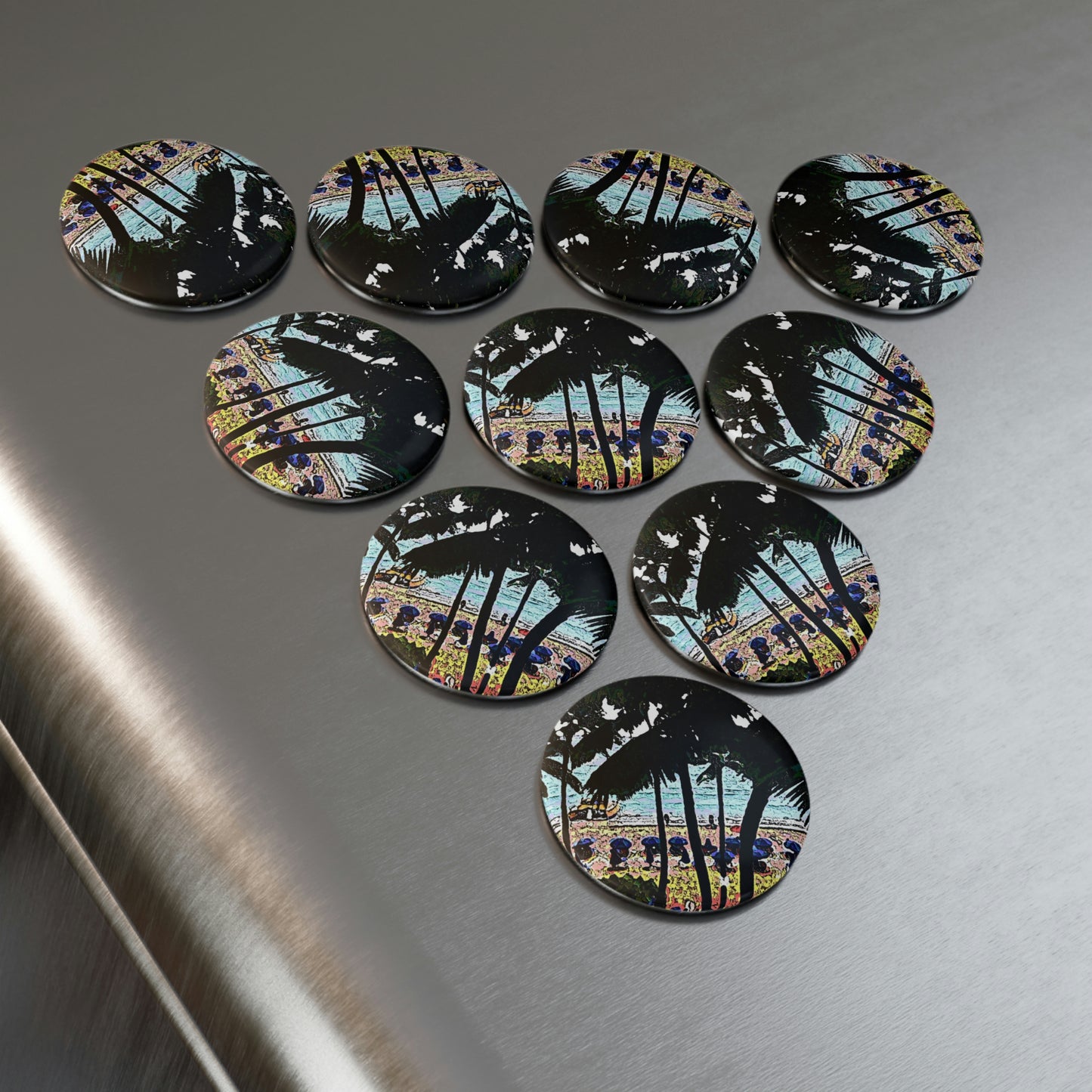 Button Magnet, Round (1 & 10 pcs) ... "A Beautiful Beach Amongst The Palms" ... The Outrigger Waikiki, Honolulu, Oahu ... Original Works ...