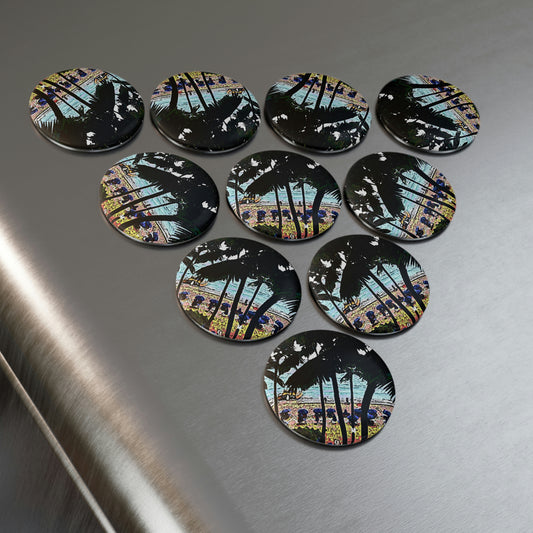 Button Magnet, Round (1 & 10 pcs) ... "A Beautiful Beach Amongst The Palms" ... The Outrigger Waikiki, Honolulu, Oahu ... Original Works ...