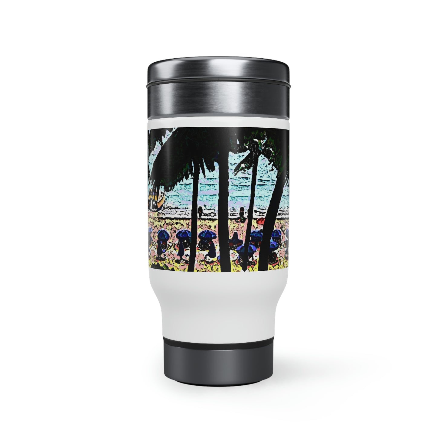 Stainless Steel Travel Mug with Handle, 14oz ... "A Beautiful Beach Amongst The Palms" ... The Outrigger Waikiki, Honolulu, Oahu ... Original Works ...