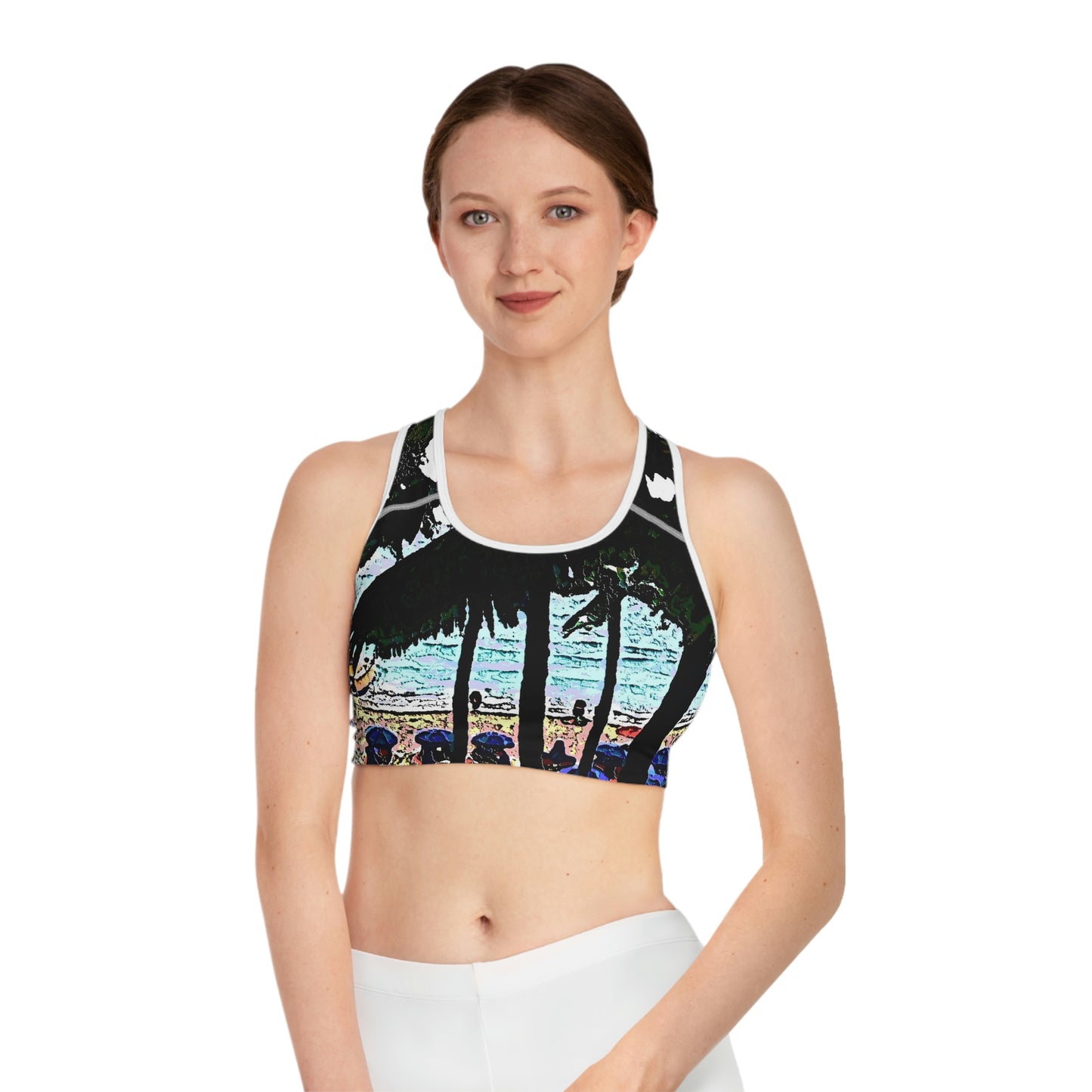 Sports Bra (AOP) ...  "A Beautiful Beach Amongst The Palms" ... The Outrigger Waikiki, Honolulu, Oahu ... Original Works ...