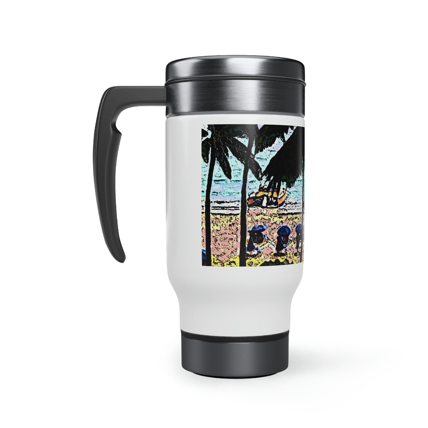 Stainless Steel Travel Mug with Handle, 14oz ... "A Beautiful Beach Amongst The Palms" ... The Outrigger Waikiki, Honolulu, Oahu ... Original Works ...