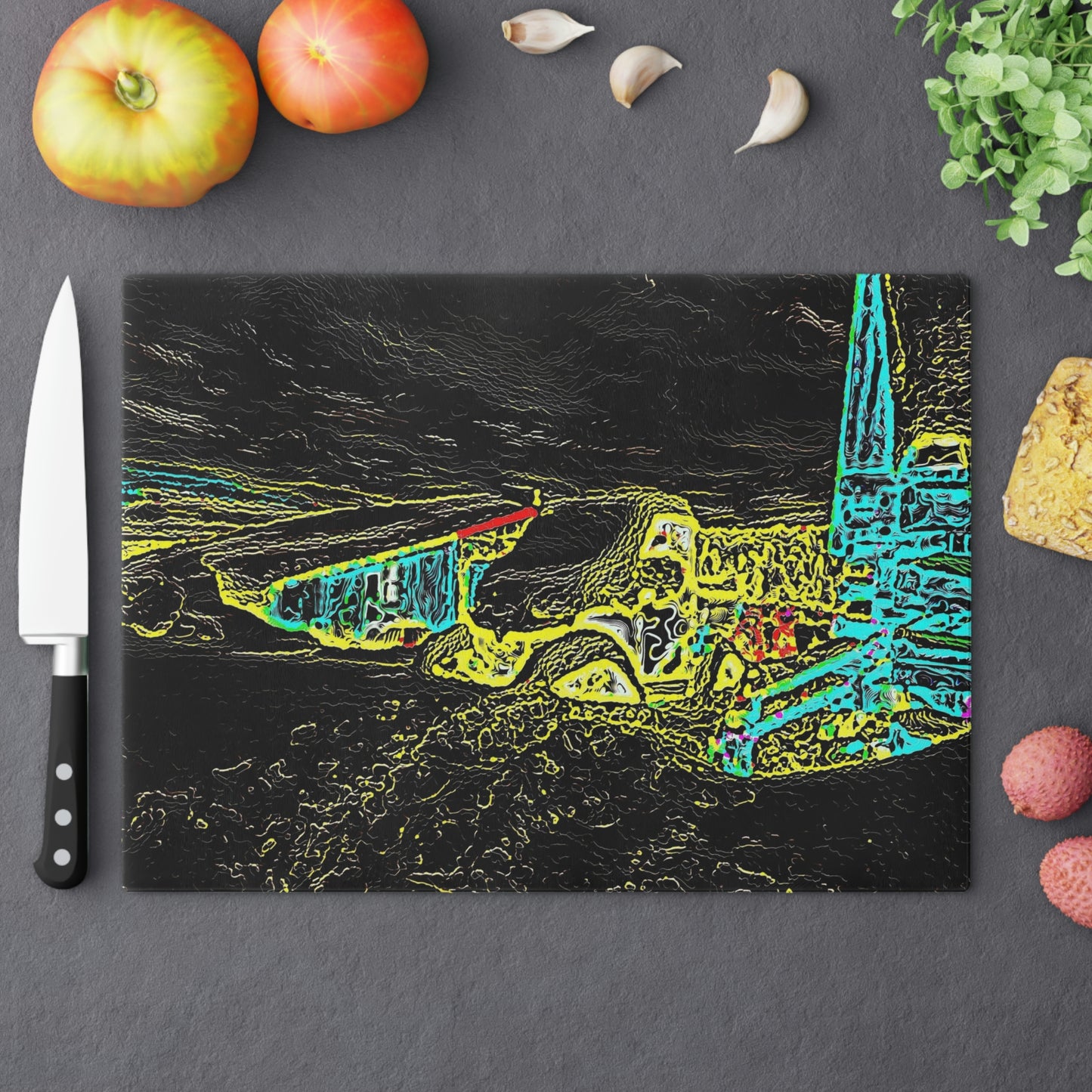 Cutting Board ... "Snow Vehicle In Snow Storm At-Rest" ... Circa 12Mar23 ... Central Idaho ... 18-Hours Rendering Time: Original Works ...