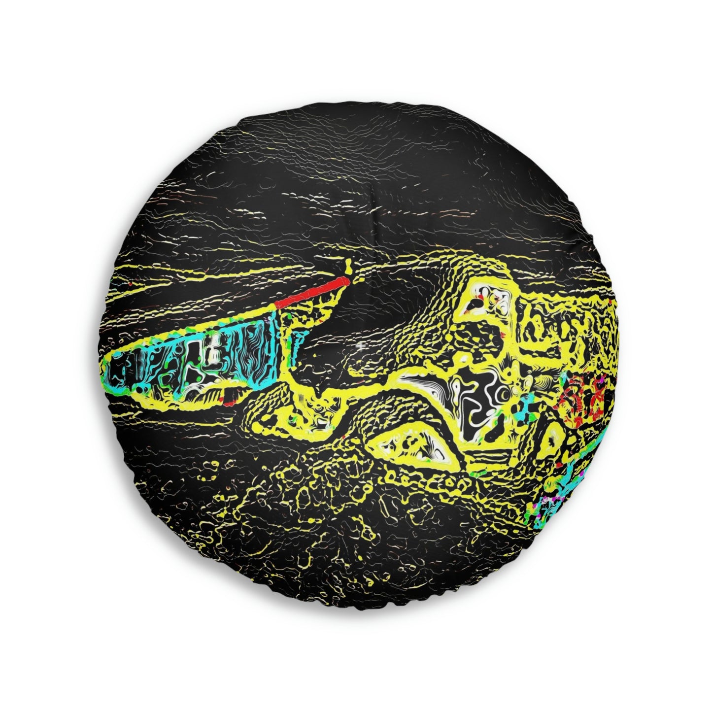 Tufted Floor Pillow, Round ...  "Snow Vehicle In Snow Storm At-Rest" ... Circa 12Mar23 ... Central Idaho ... 18-Hours Rendering Time: Original Works ...