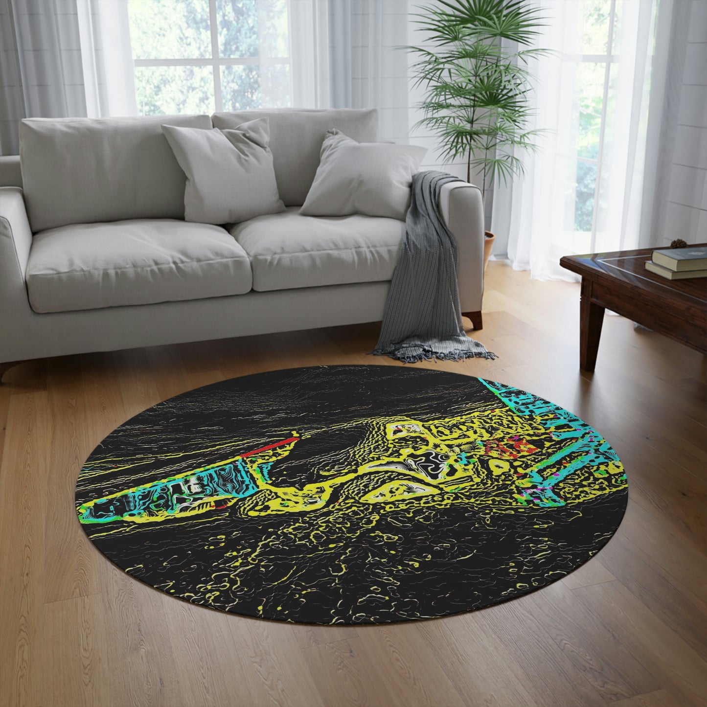Round Rug ... "Snow Vehicle In Snow Storm At-Rest" ... Circa 12Mar23 ... Central Idaho ... 18-Hours Rendering Time: Original Works ...
