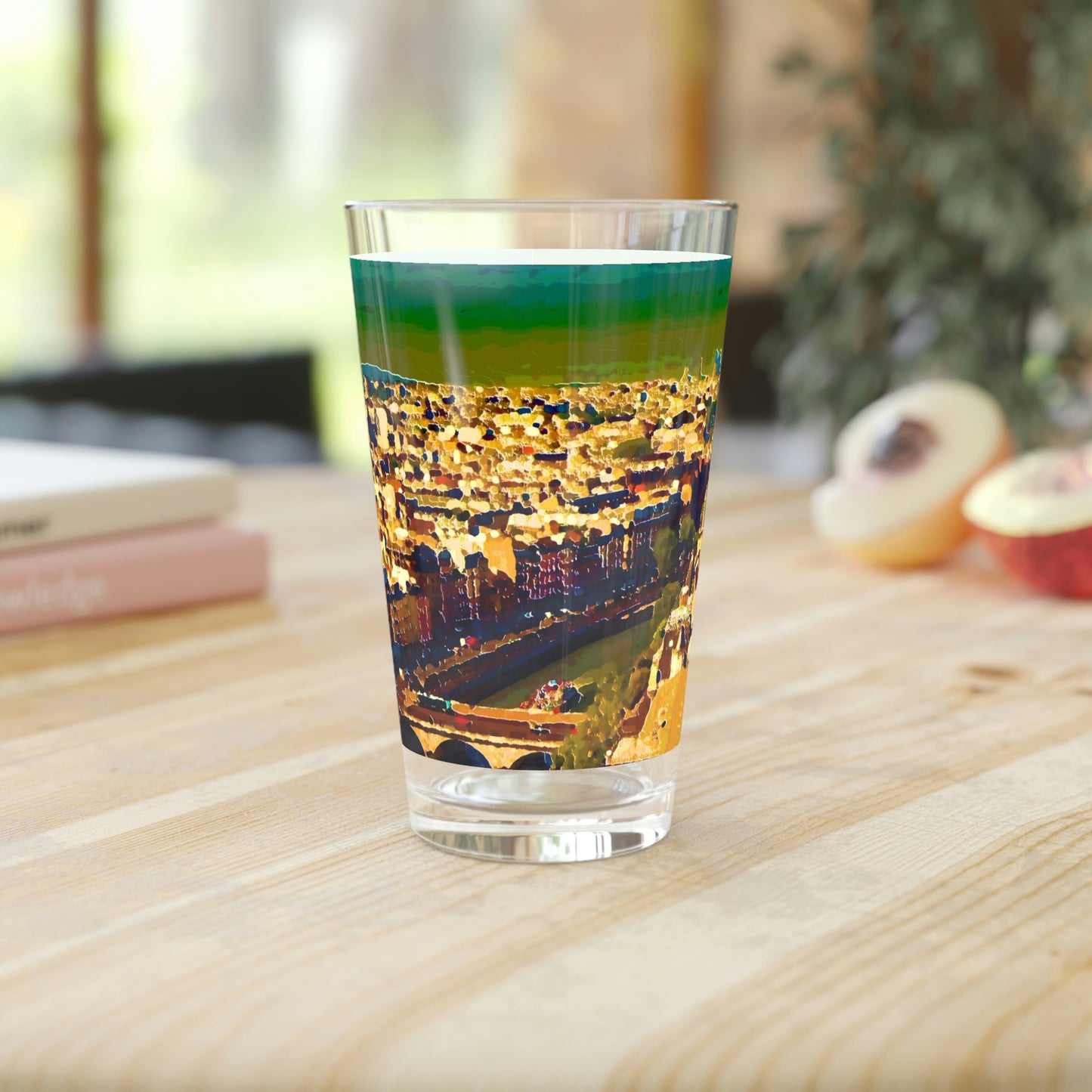 Pint Glass, 16oz ... Au Paris ... "Along The River Seine" ... Barbara Joan Bonnel-Holt: 1972 ... Original Works ...