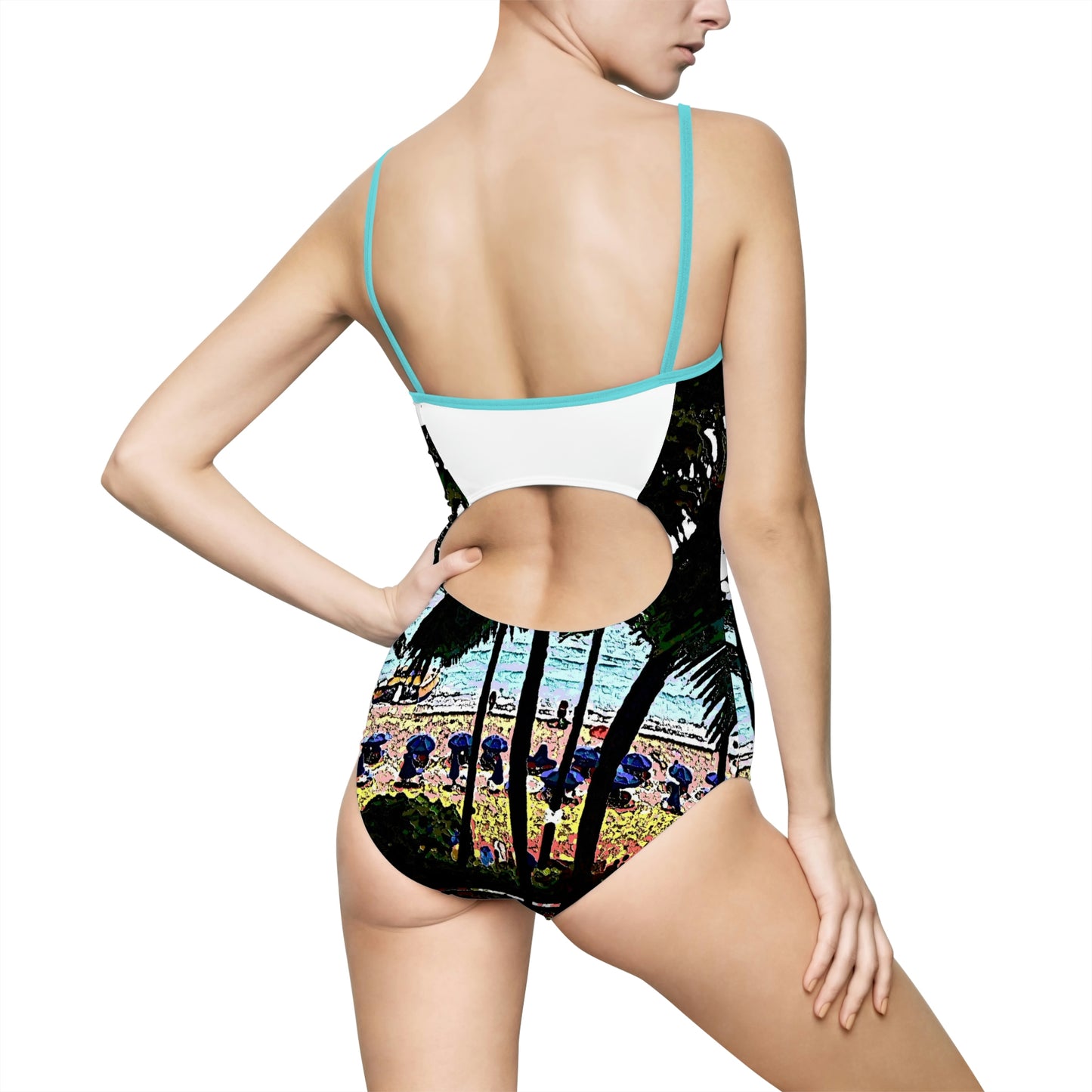 Women's One-piece Swimsuit ...  "A Beautiful Beach Amongst The Palms" ... The Outrigger Waikiki, Honolulu, Oahu ... Original Works ...